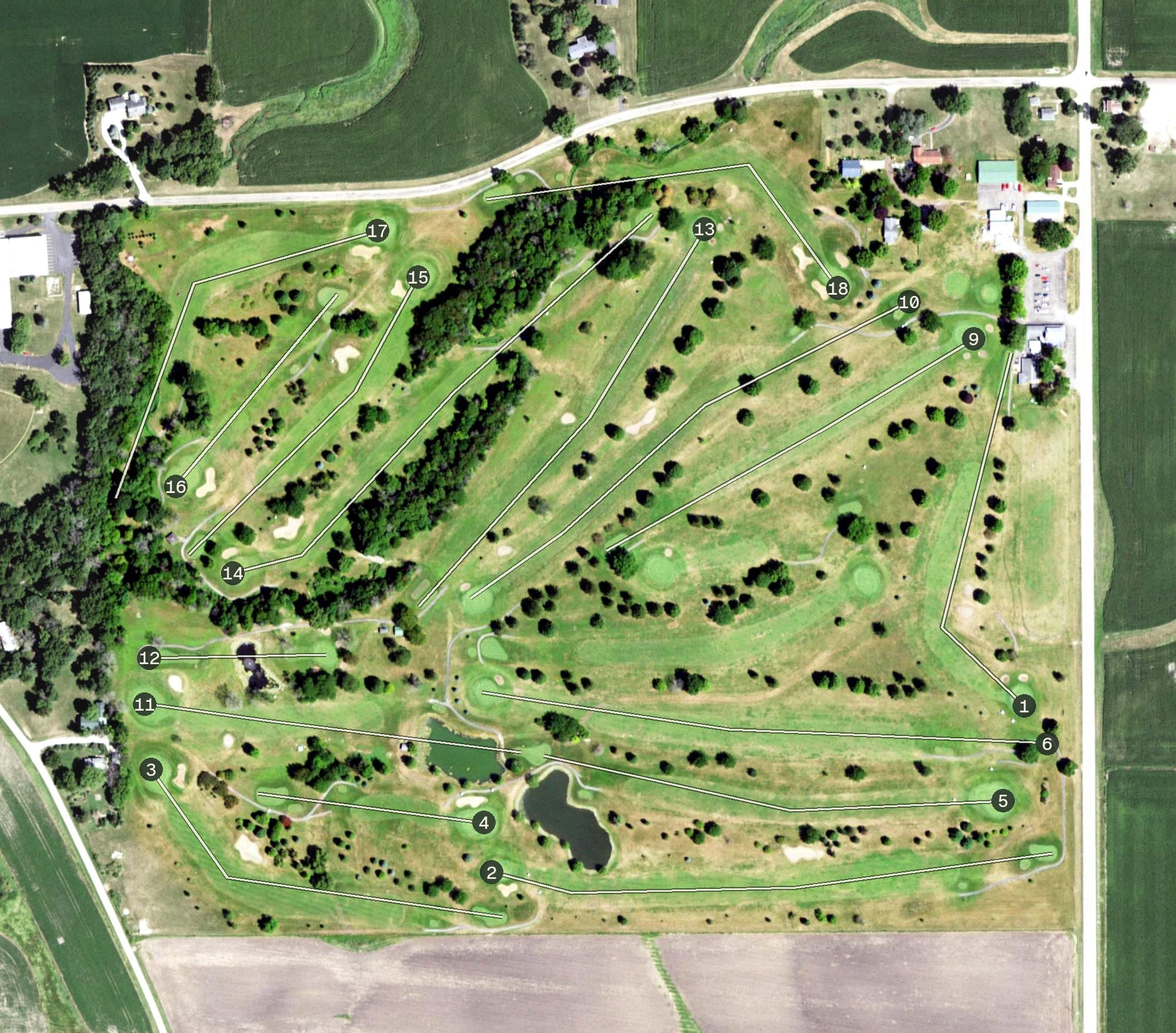 Aerial view of Edgewood Park Golf Club, IL, with its hole routing marked