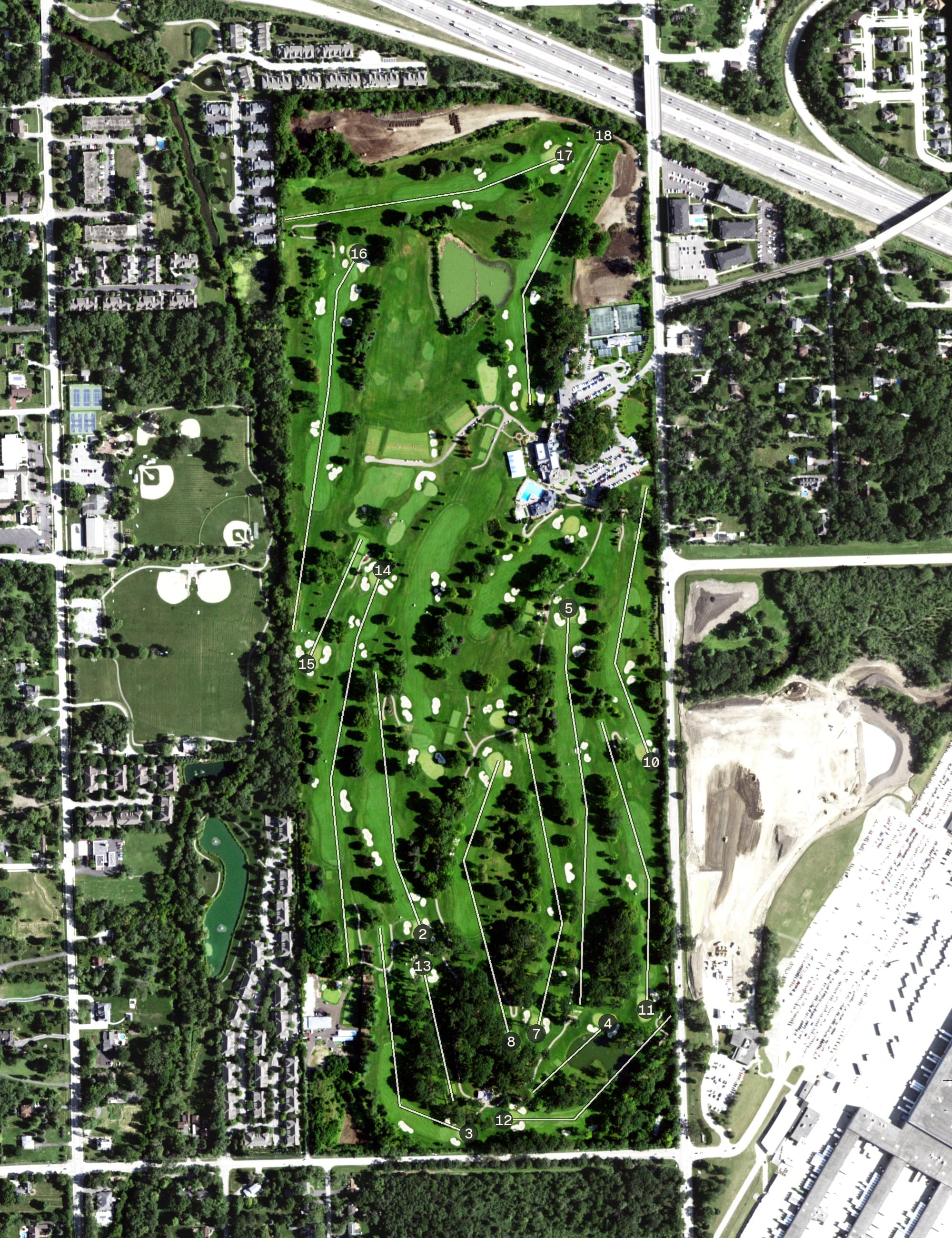 Aerial view of Edgewood Valley Country Club, IL, with its hole routing marked