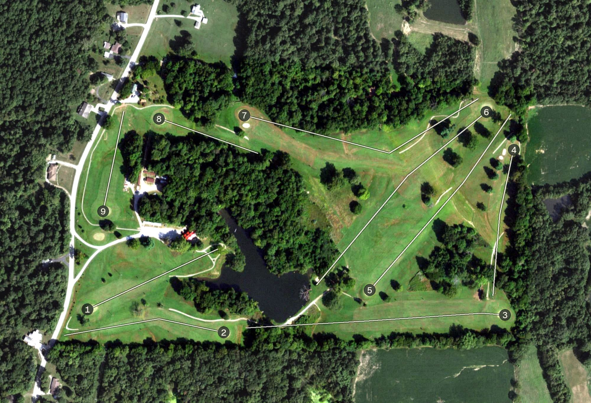 Aerial view of Egyptian Country Club, IL, with its hole routing marked