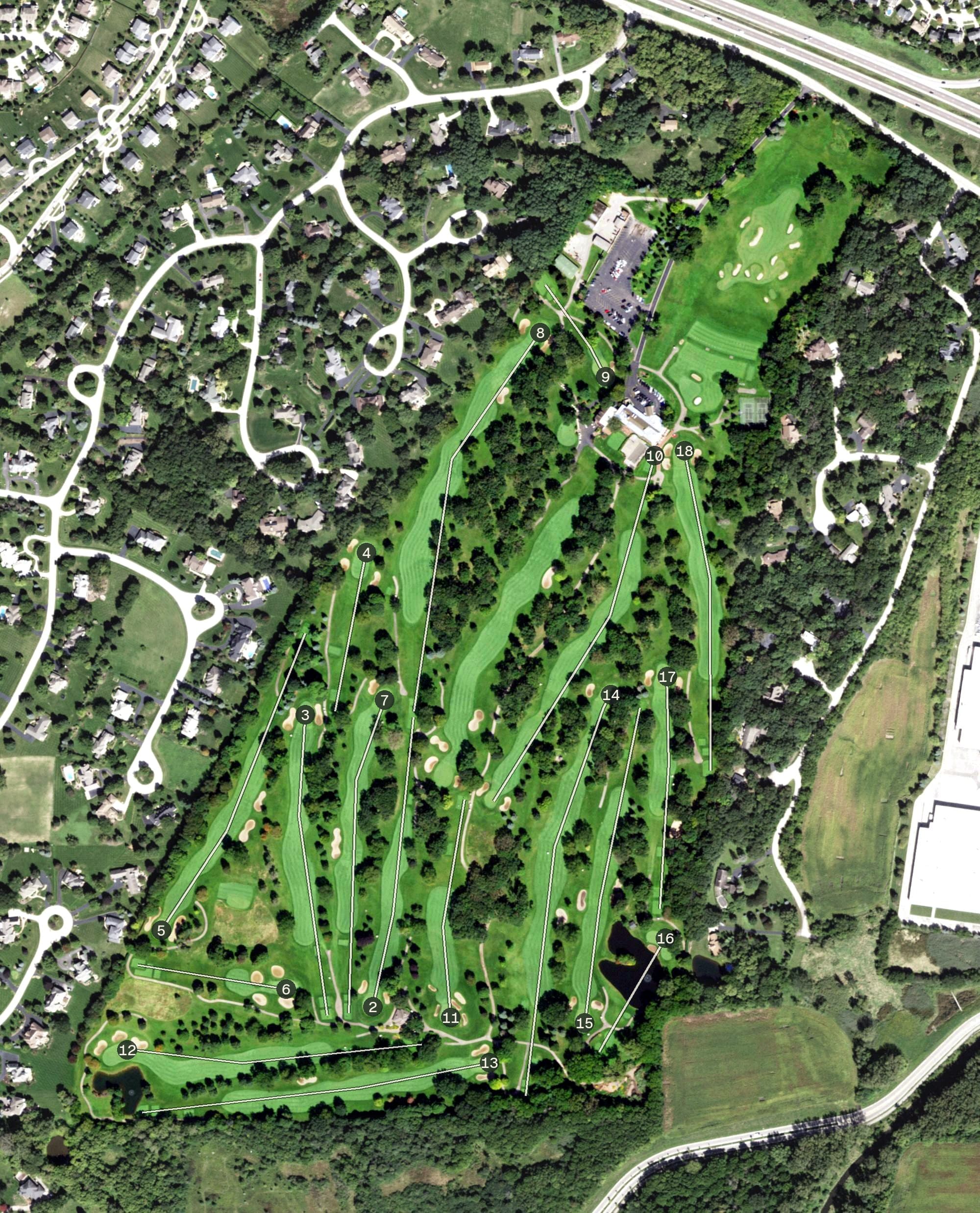 Aerial view of Elgin Country Club, IL, with its hole routing marked