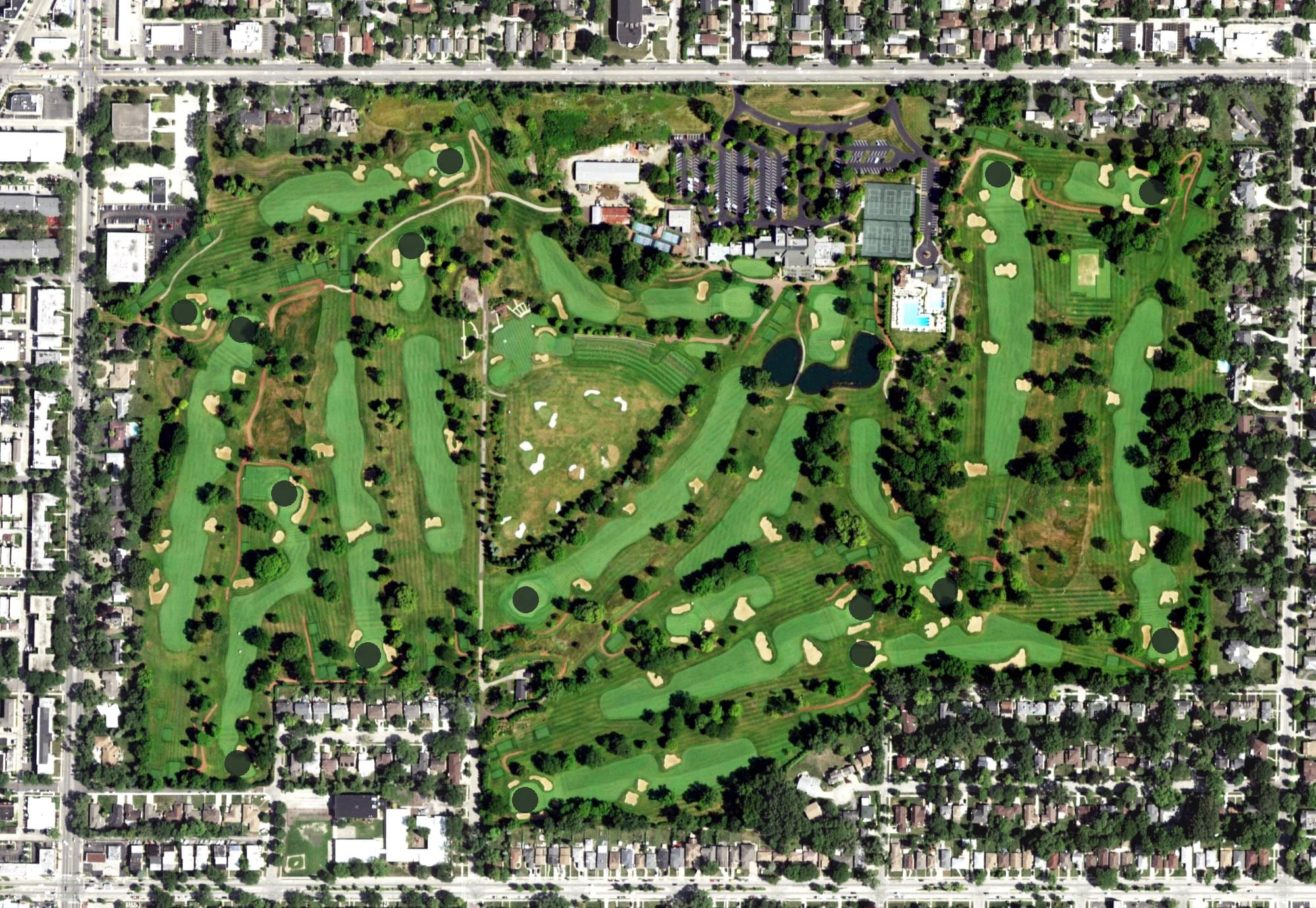 Aerial view of Evanston Golf Club, IL, with its hole routing marked