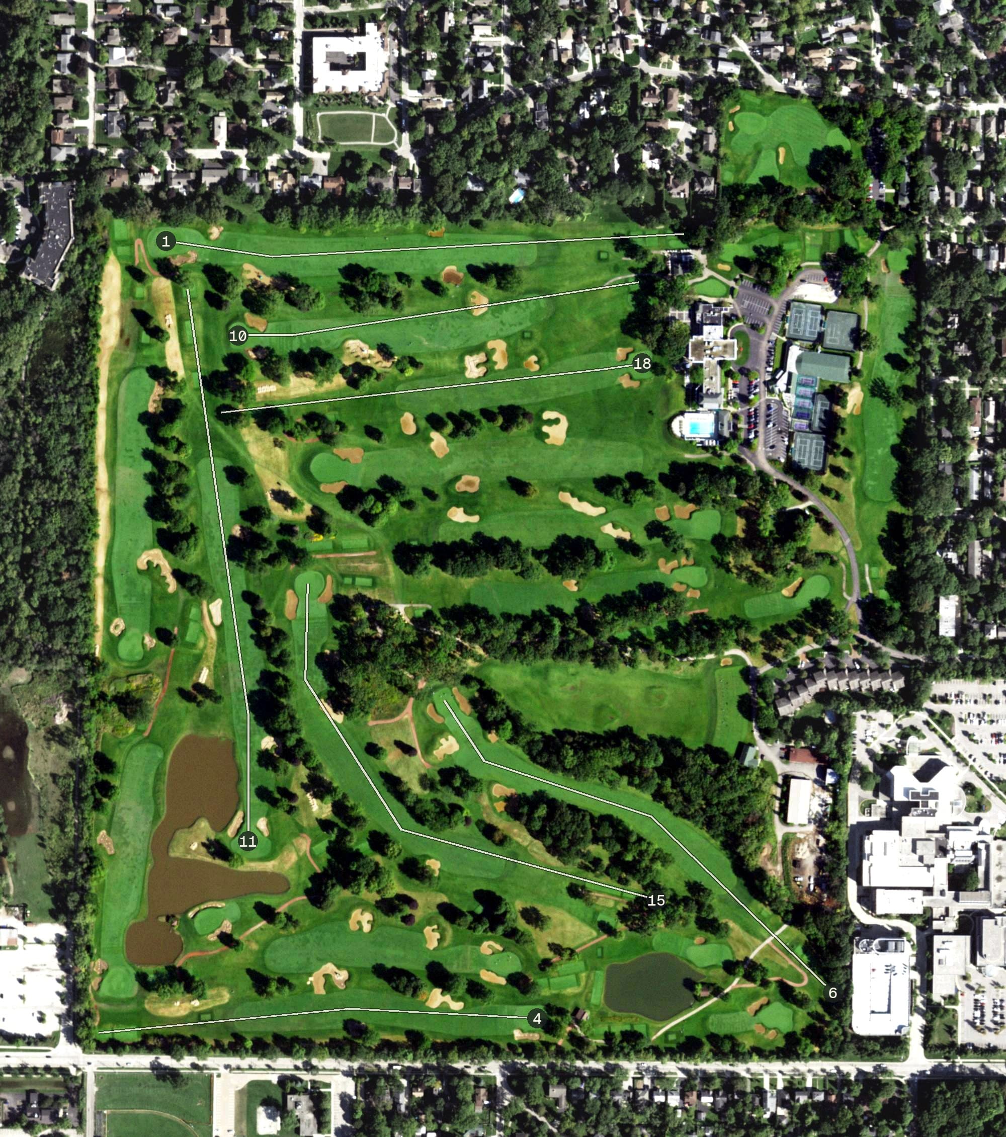 Aerial view of Exmoor Country Club, IL, with its hole routing marked