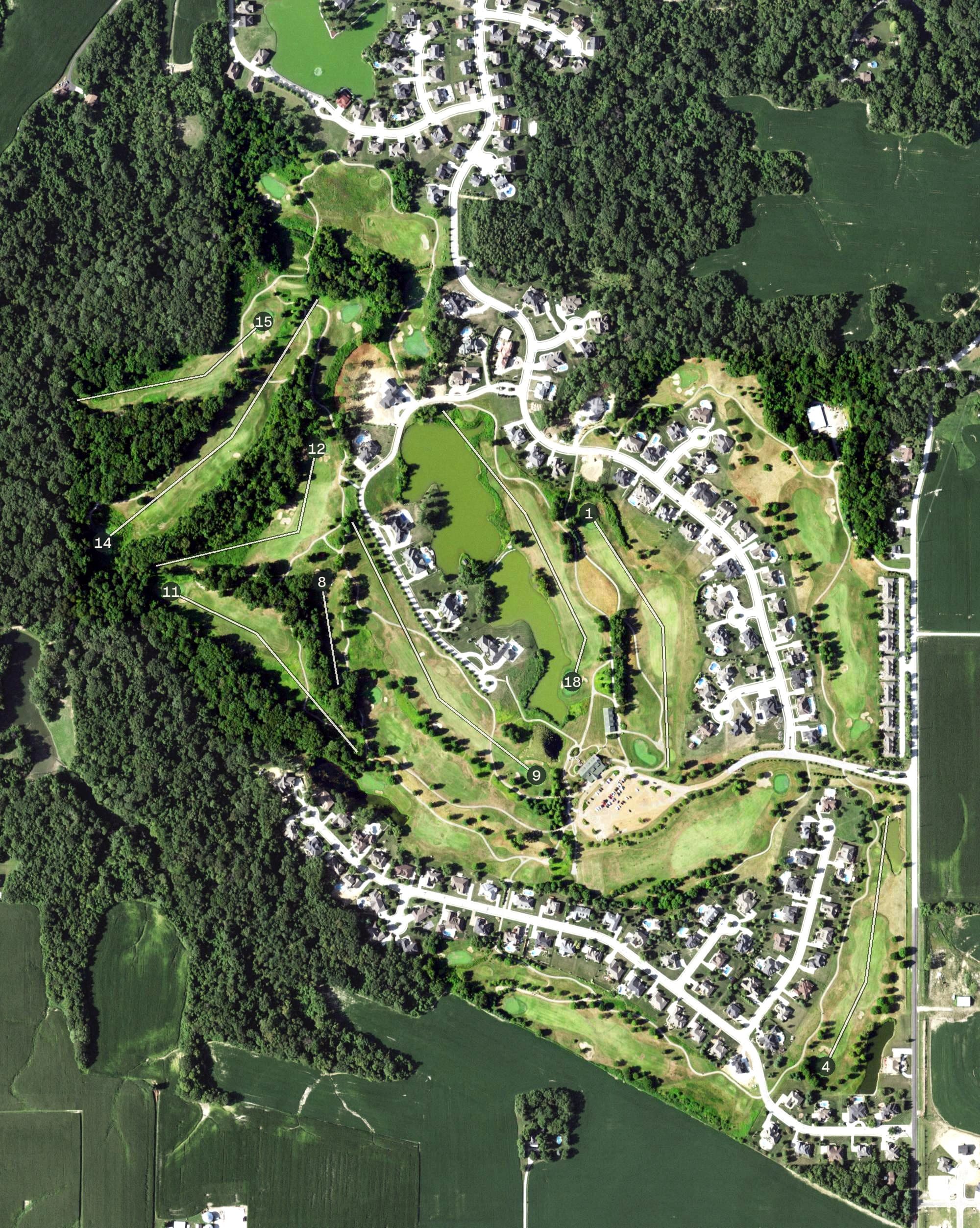 Aerial view of Far Oaks Golf Club, IL, with its hole routing marked