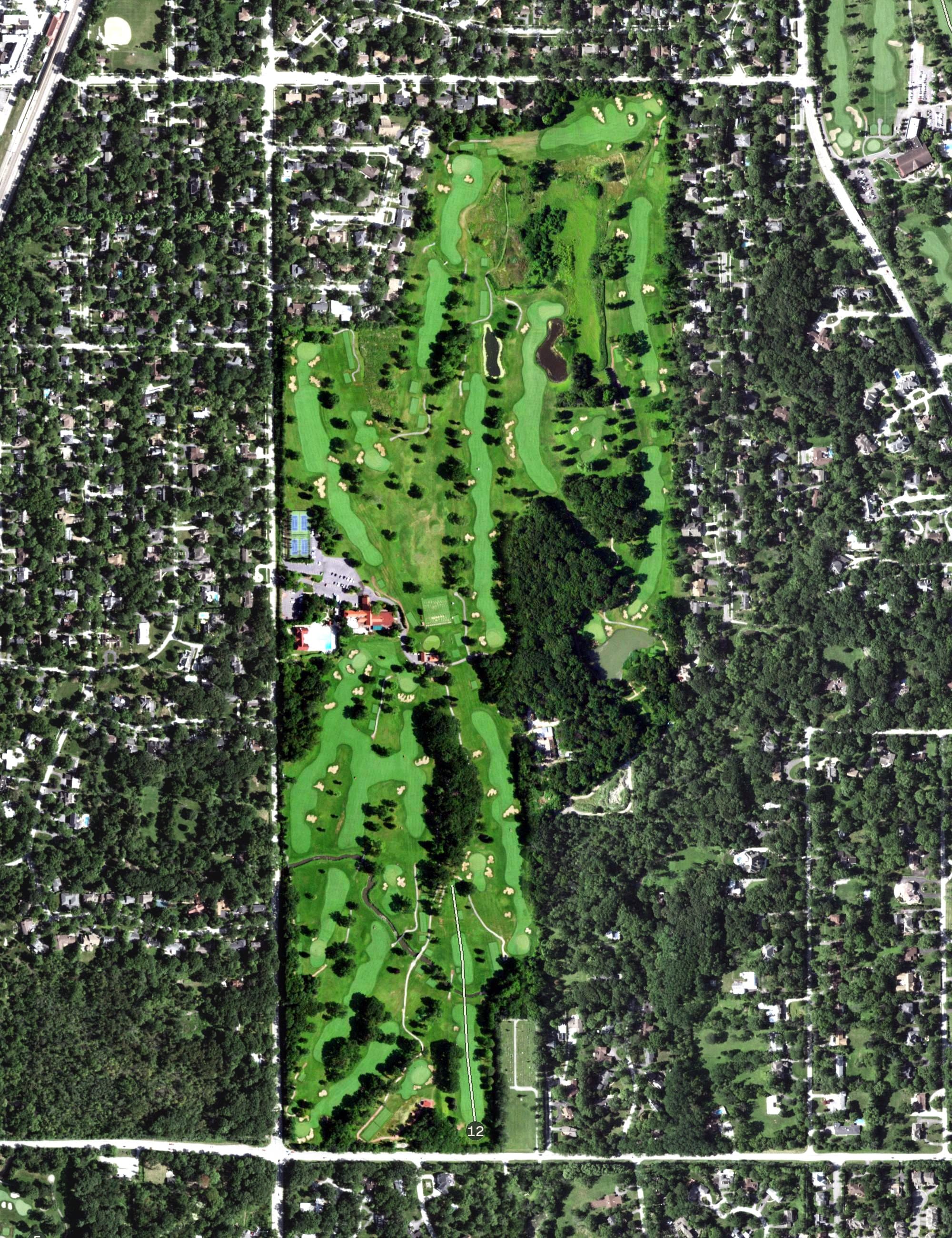 Aerial view of Flossmoor Country Club, IL, with its hole routing marked