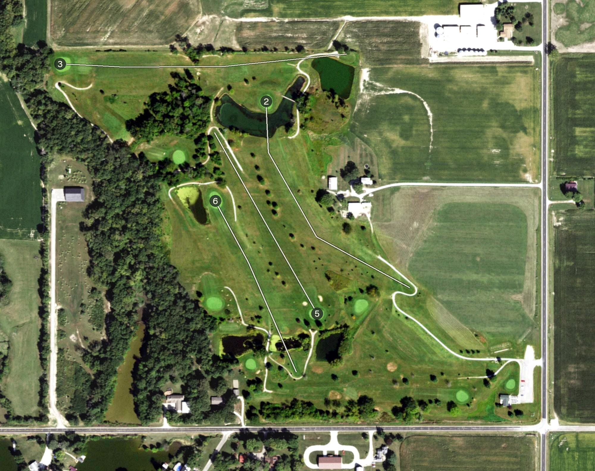 Aerial view of Fore Way Challenge Golf & Driving Range, IL, with its hole routing marked