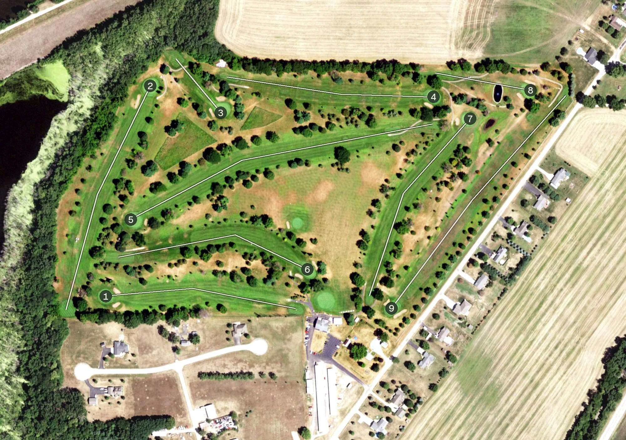 Aerial view of Fulton Country Club, IL, with its hole routing marked