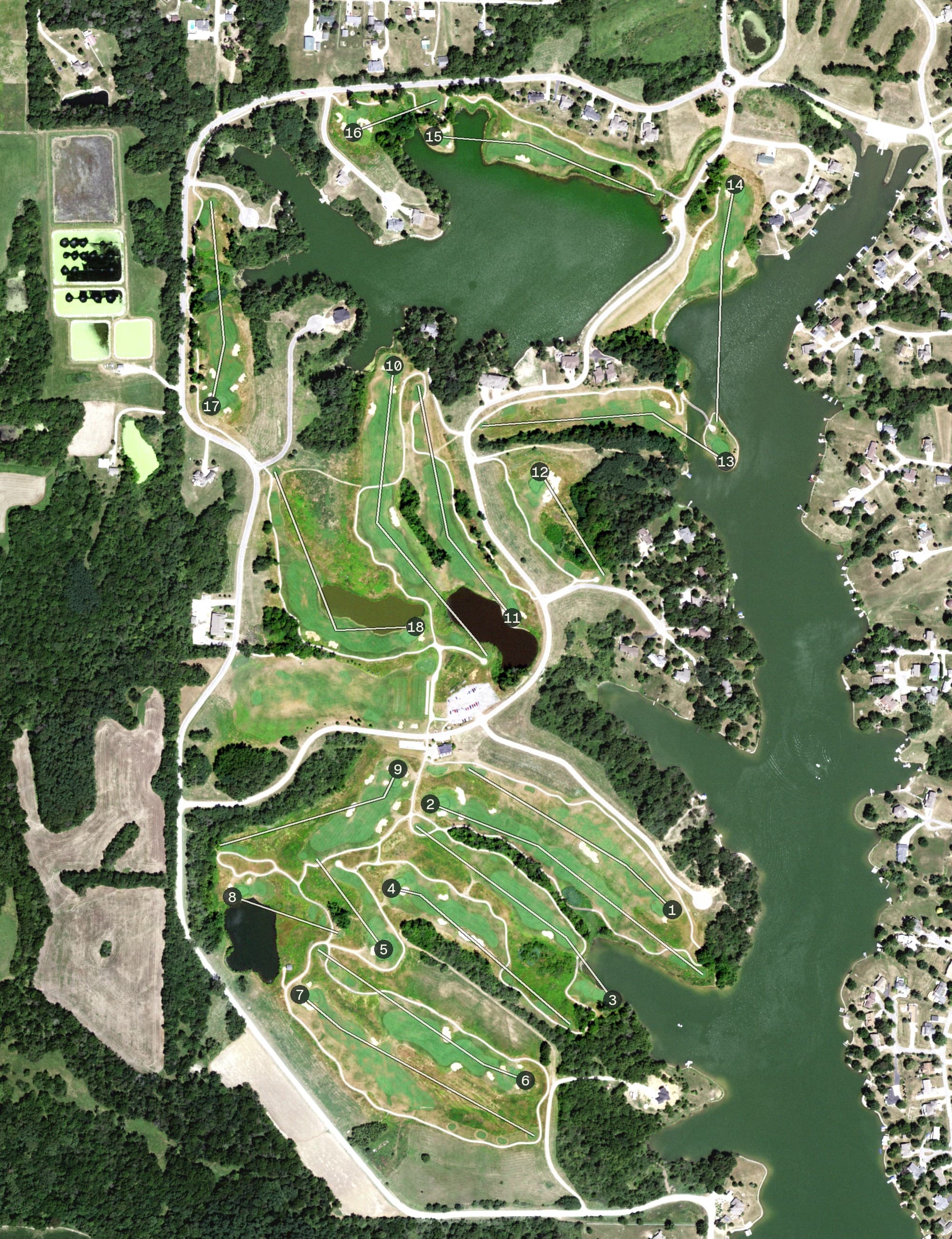 Aerial view of Fyre Lake Golf Club, IL, with its hole routing marked