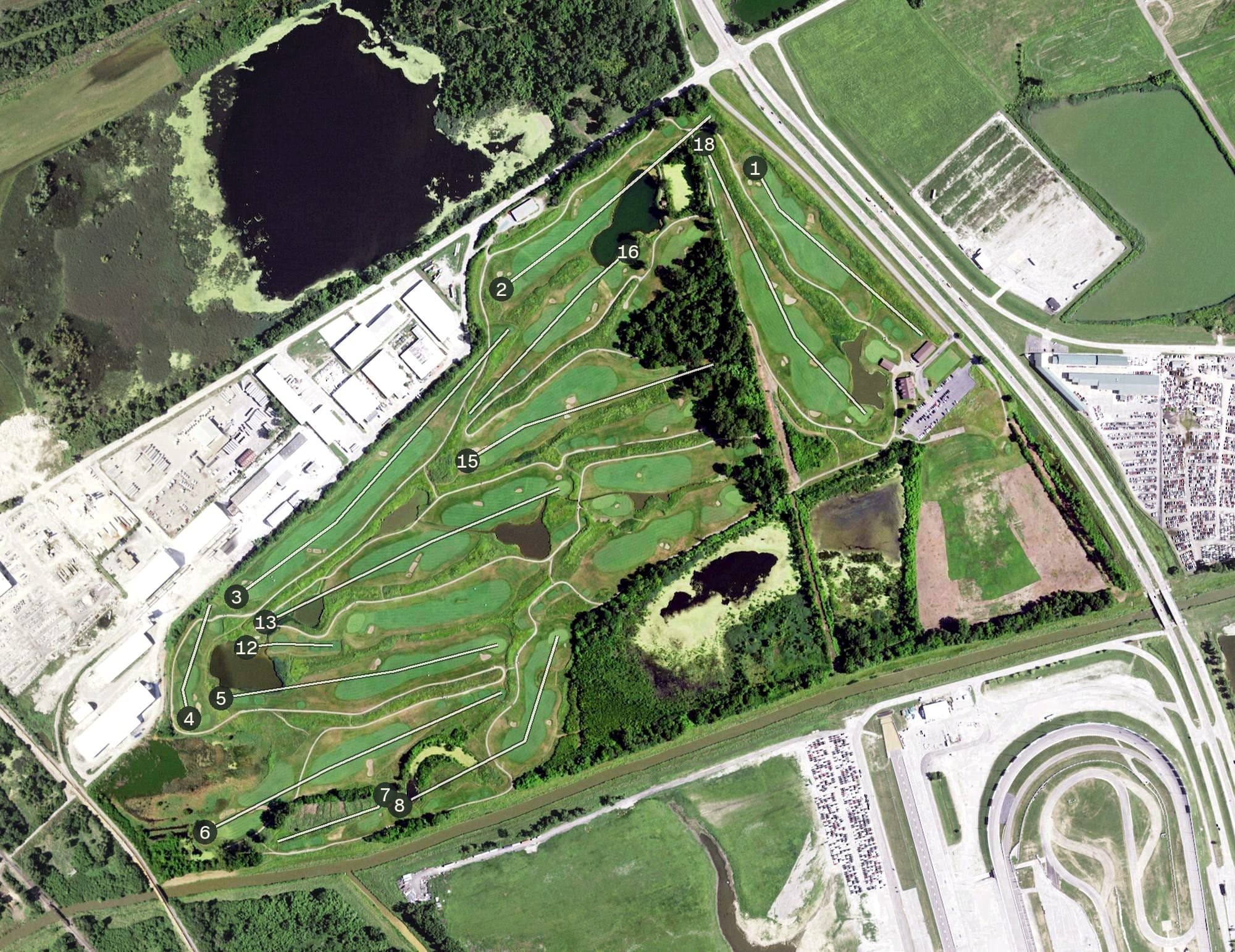 Aerial view of Gateway National Golf Links, IL, with its hole routing marked