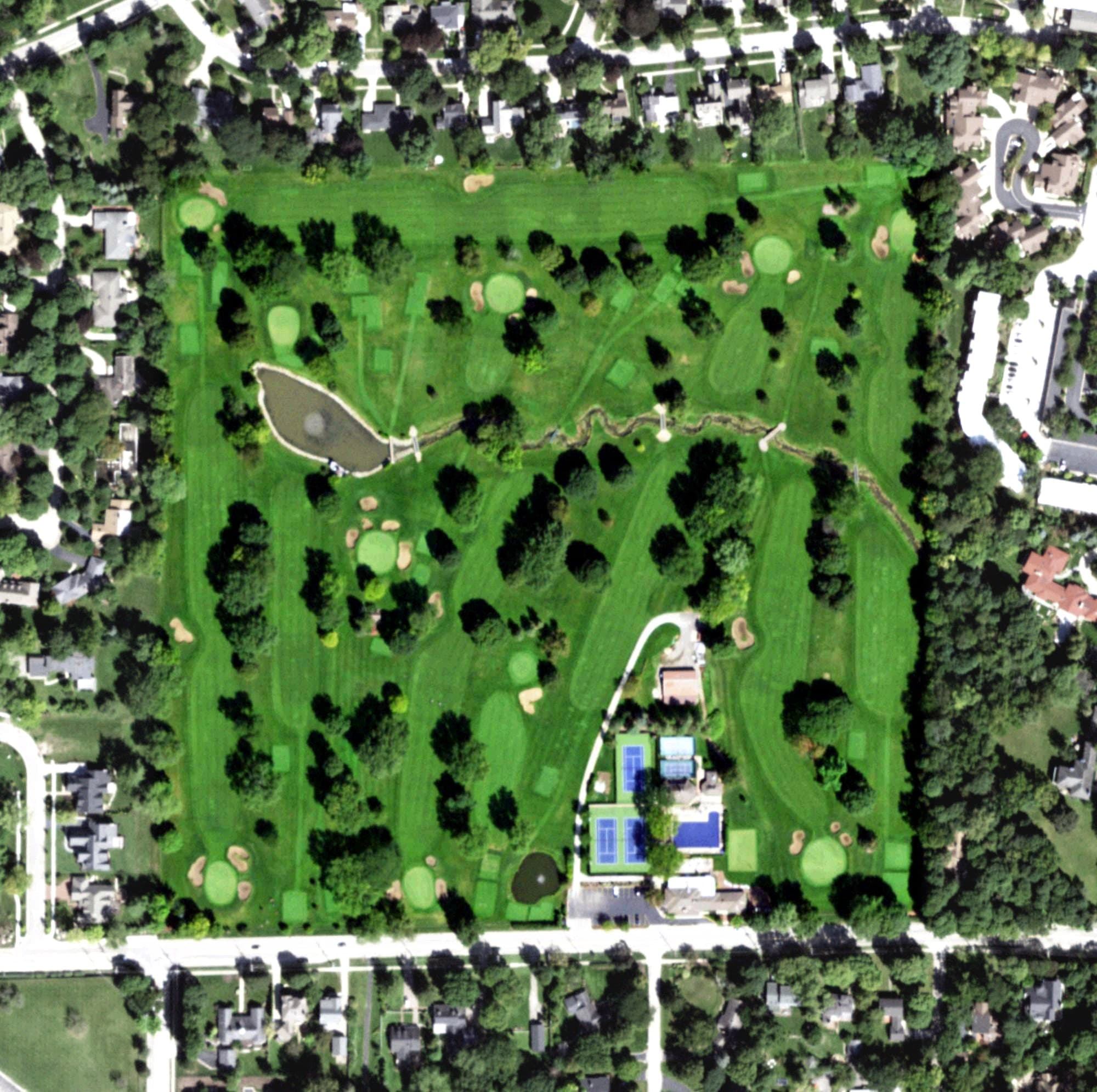 Aerial view of Geneva Golf Club, IL, with its hole routing marked