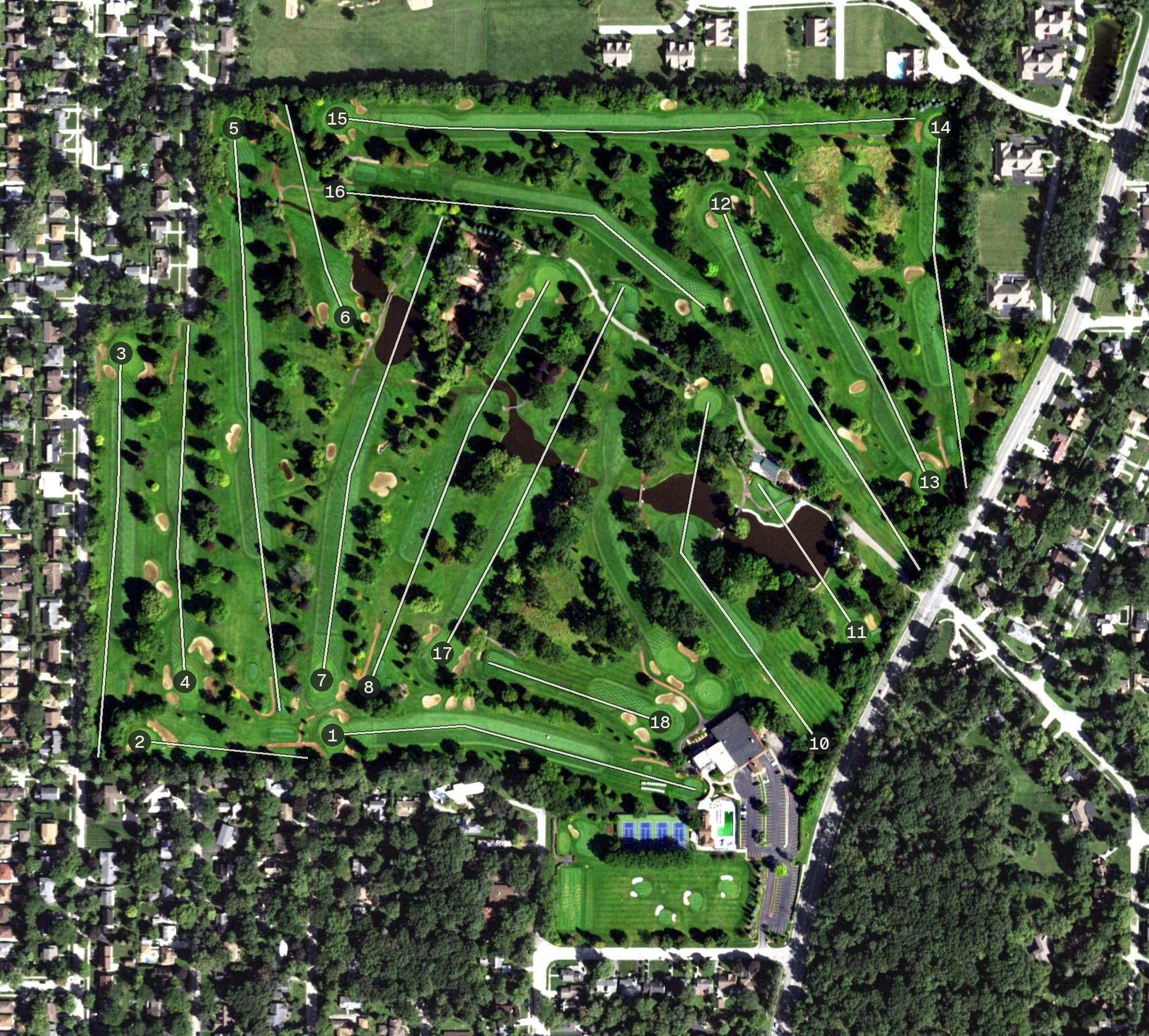 Aerial view of Glen Flora Country Club, IL, with its hole routing marked