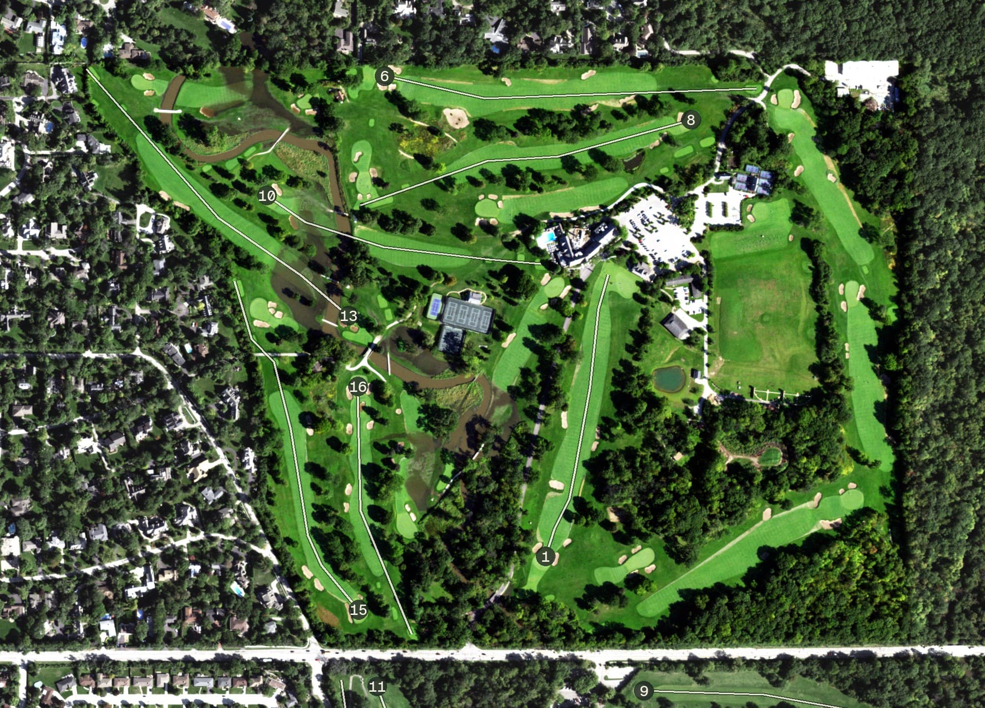 Aerial view of Glen View Club, IL, with its hole routing marked