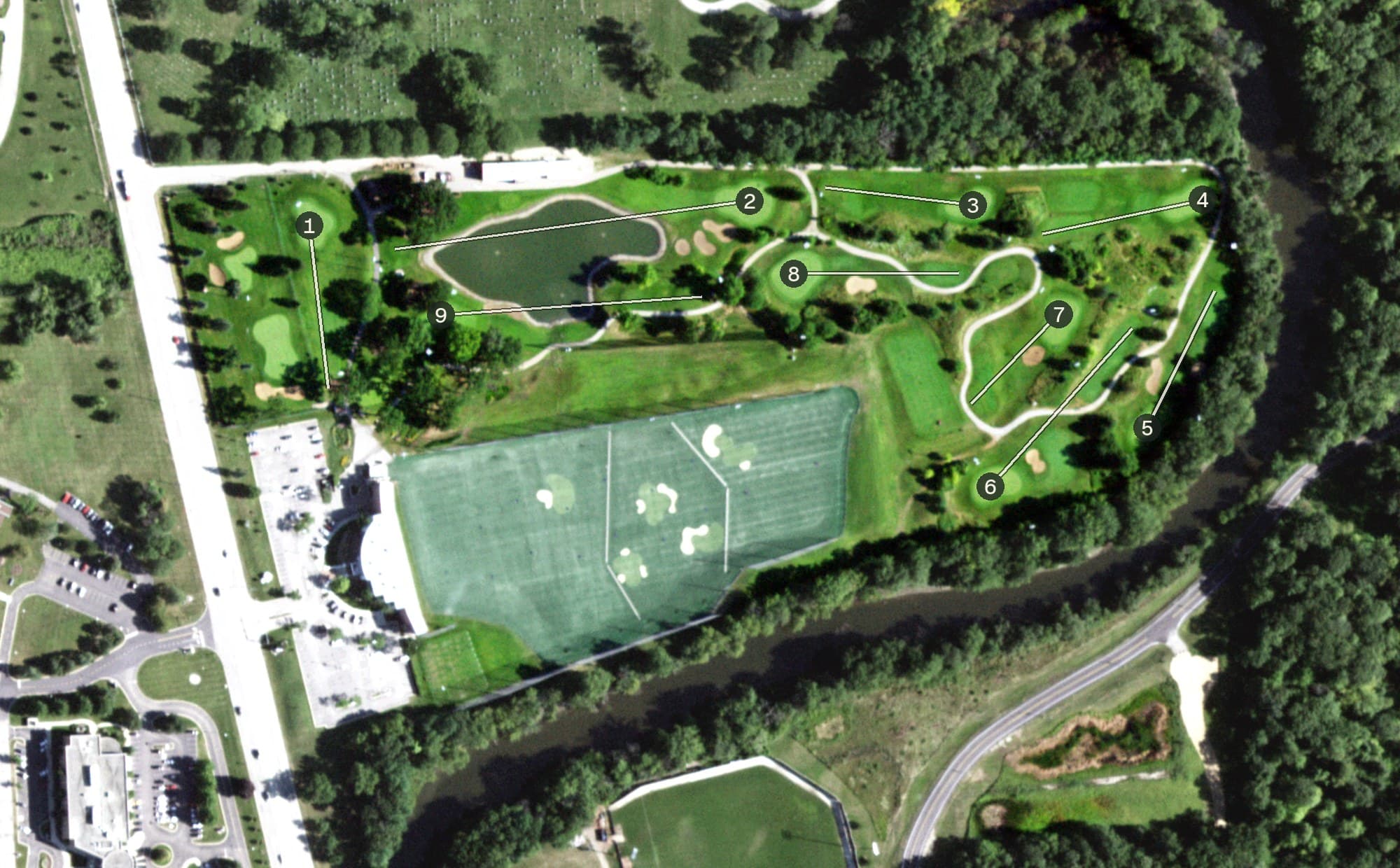 Aerial view of Golf Center Des Plaines, IL, with its hole routing marked