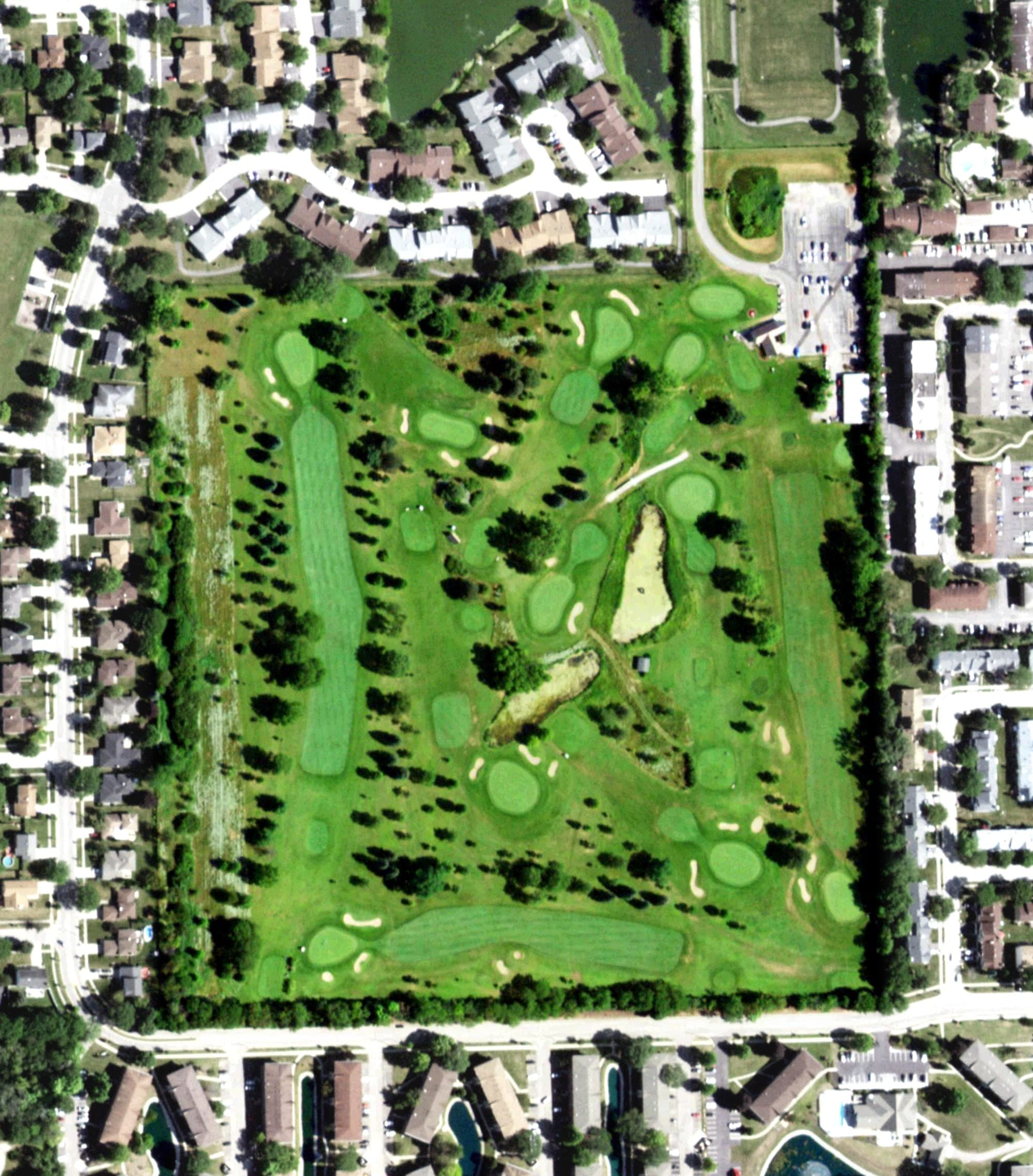 Aerial view of Green Meadows Golf Club, IL, with its hole routing marked