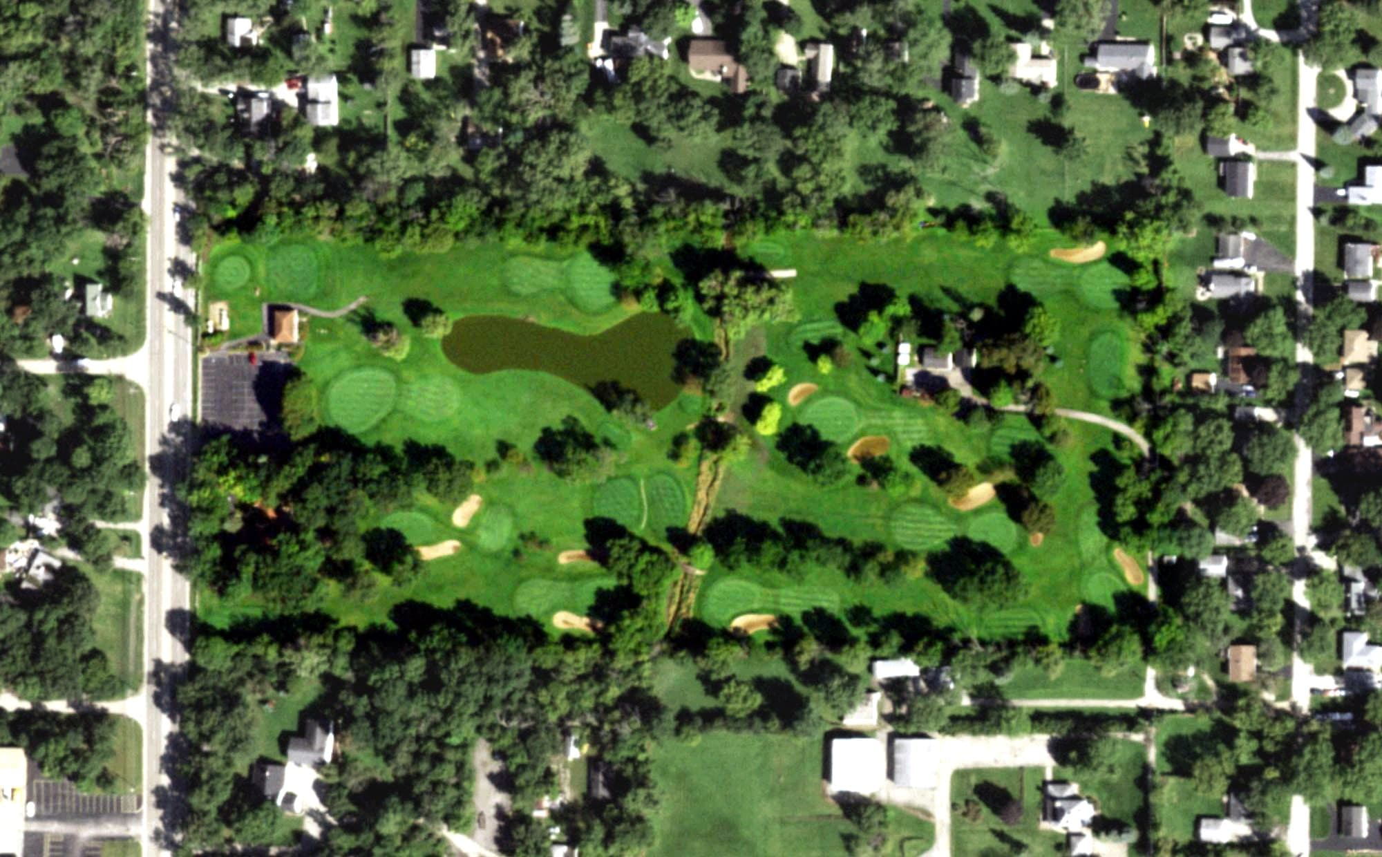 Aerial view of Greenshire Golf Course, IL, with its hole routing marked