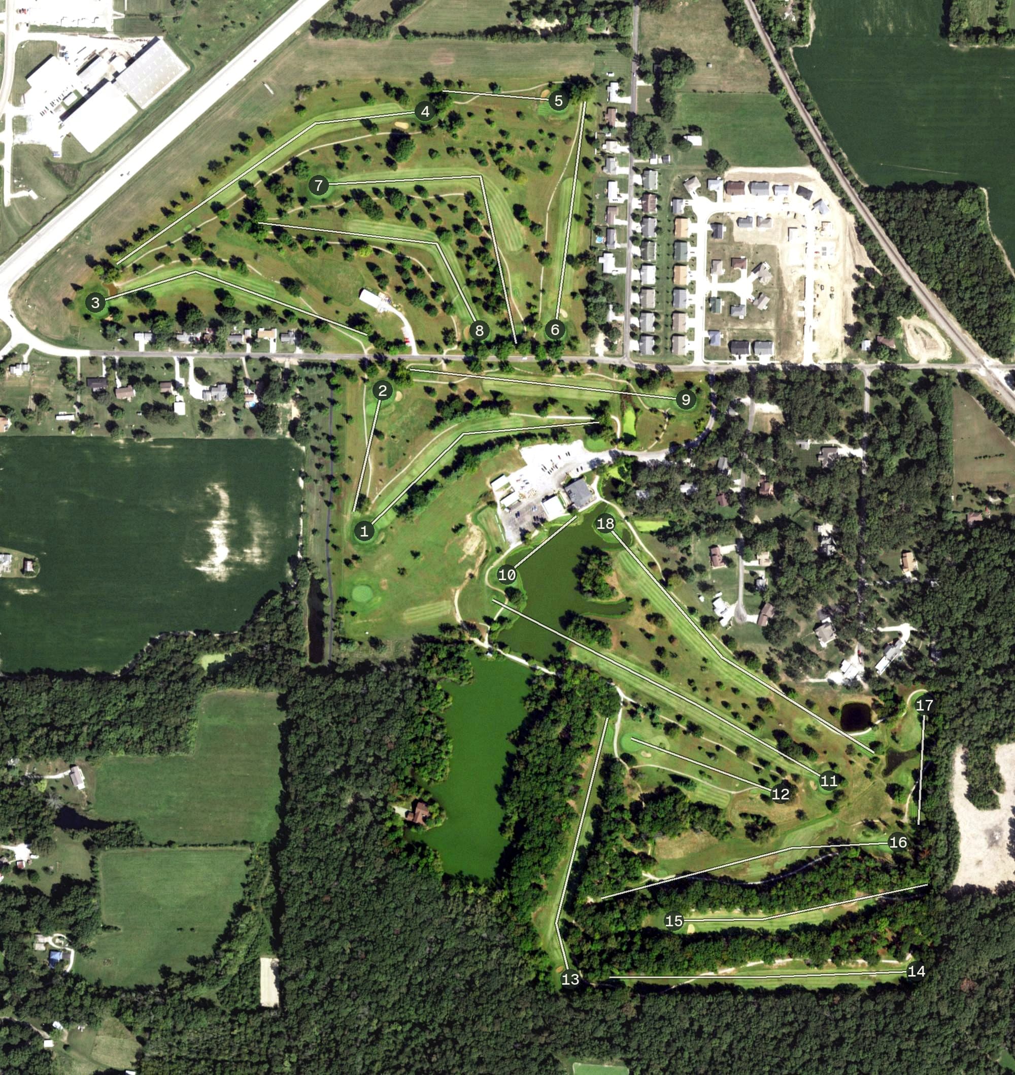 Aerial view of Greenview Golf Club, IL, with its hole routing marked