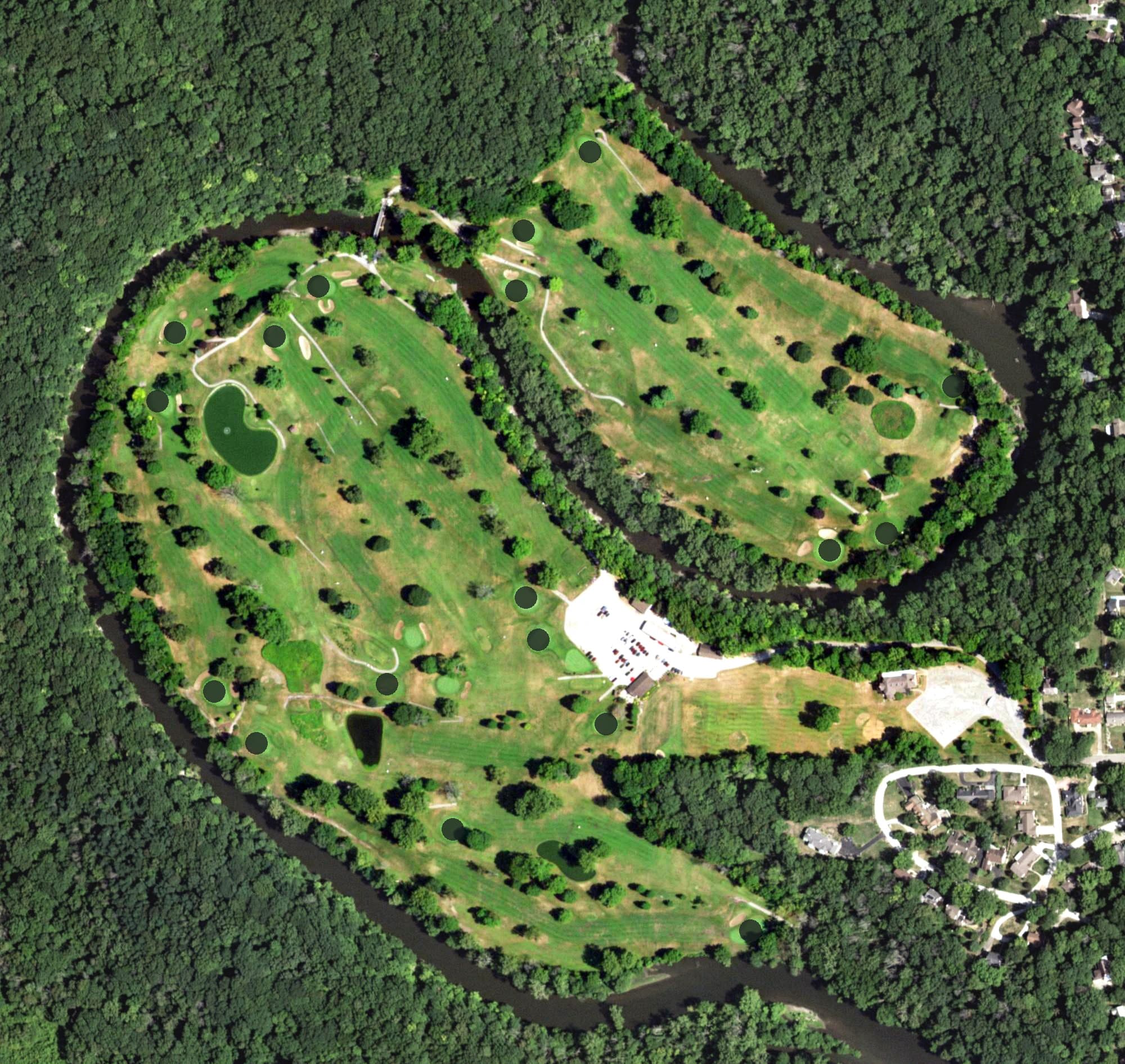 Aerial view of Harrison Park Golf Course, IL, with its hole routing marked