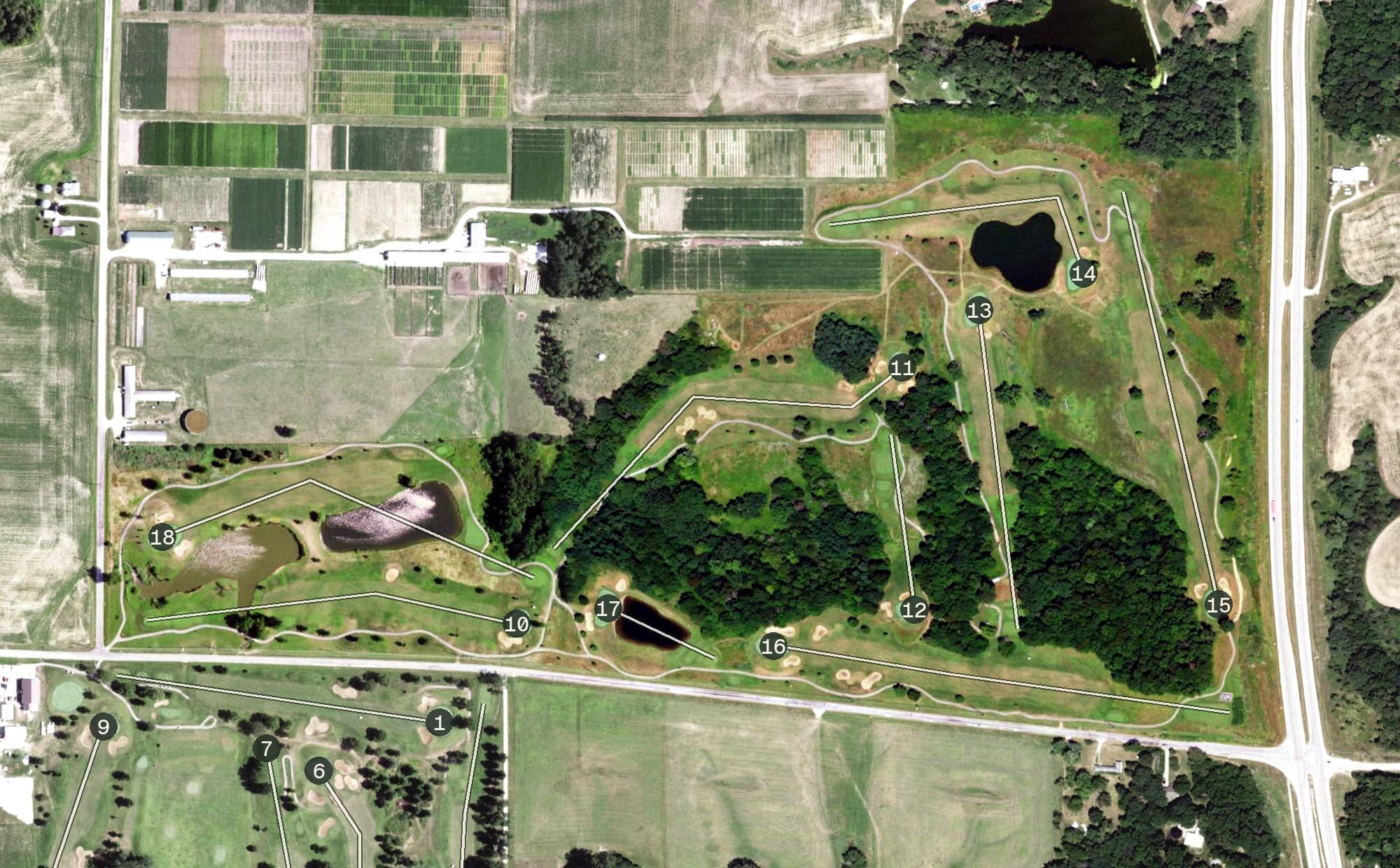 Aerial view of Harry Mussatto Golf Course (WIU), IL, with its hole routing marked