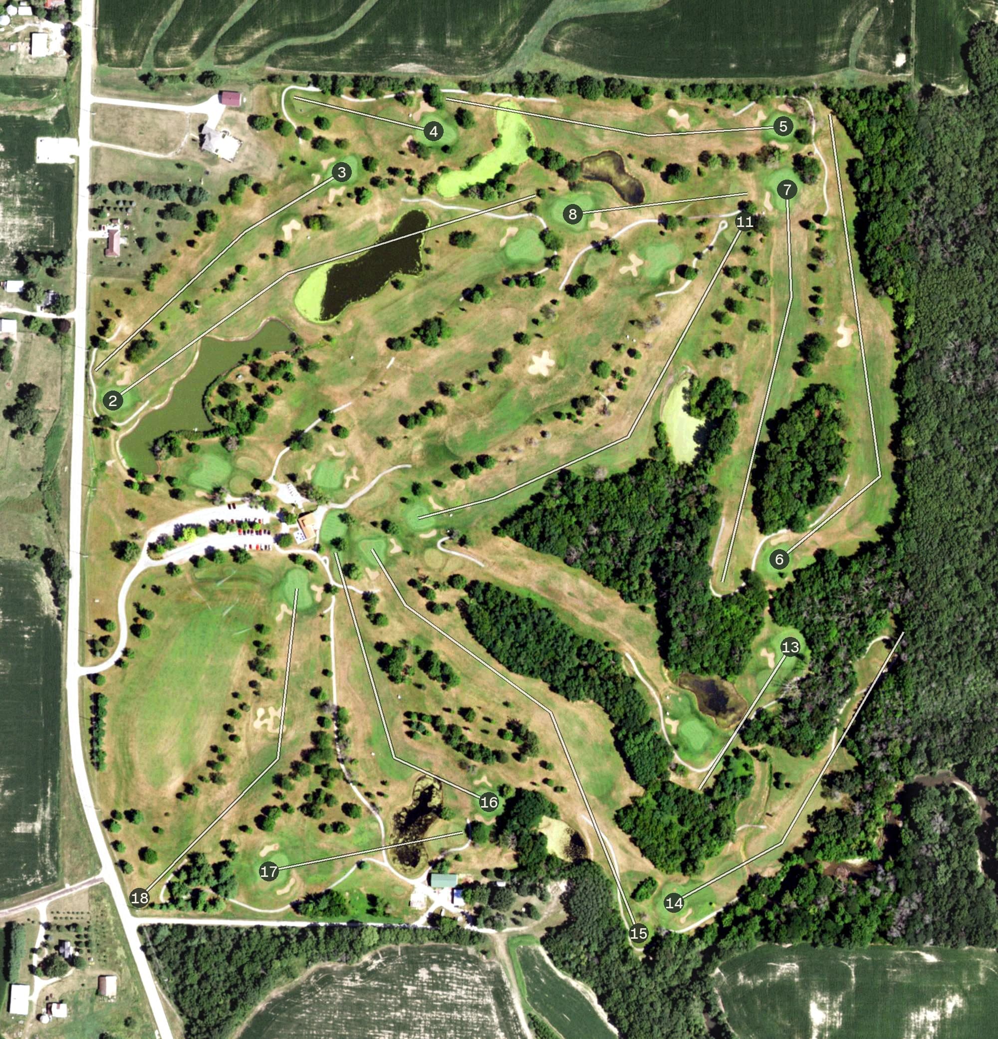 Aerial view of Hawthorn Ridge Golf Course, IL, with its hole routing marked