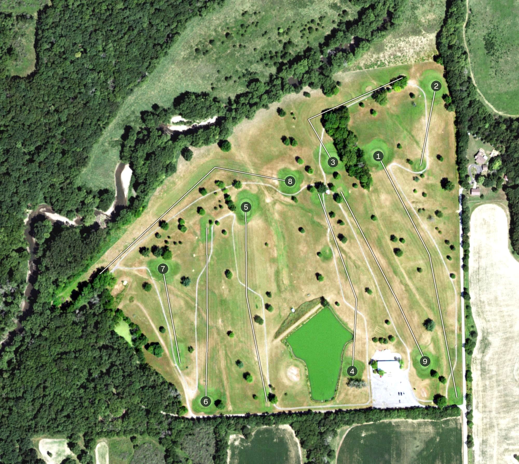 Aerial view of Hazy Hills Golf Course, IL, with its hole routing marked