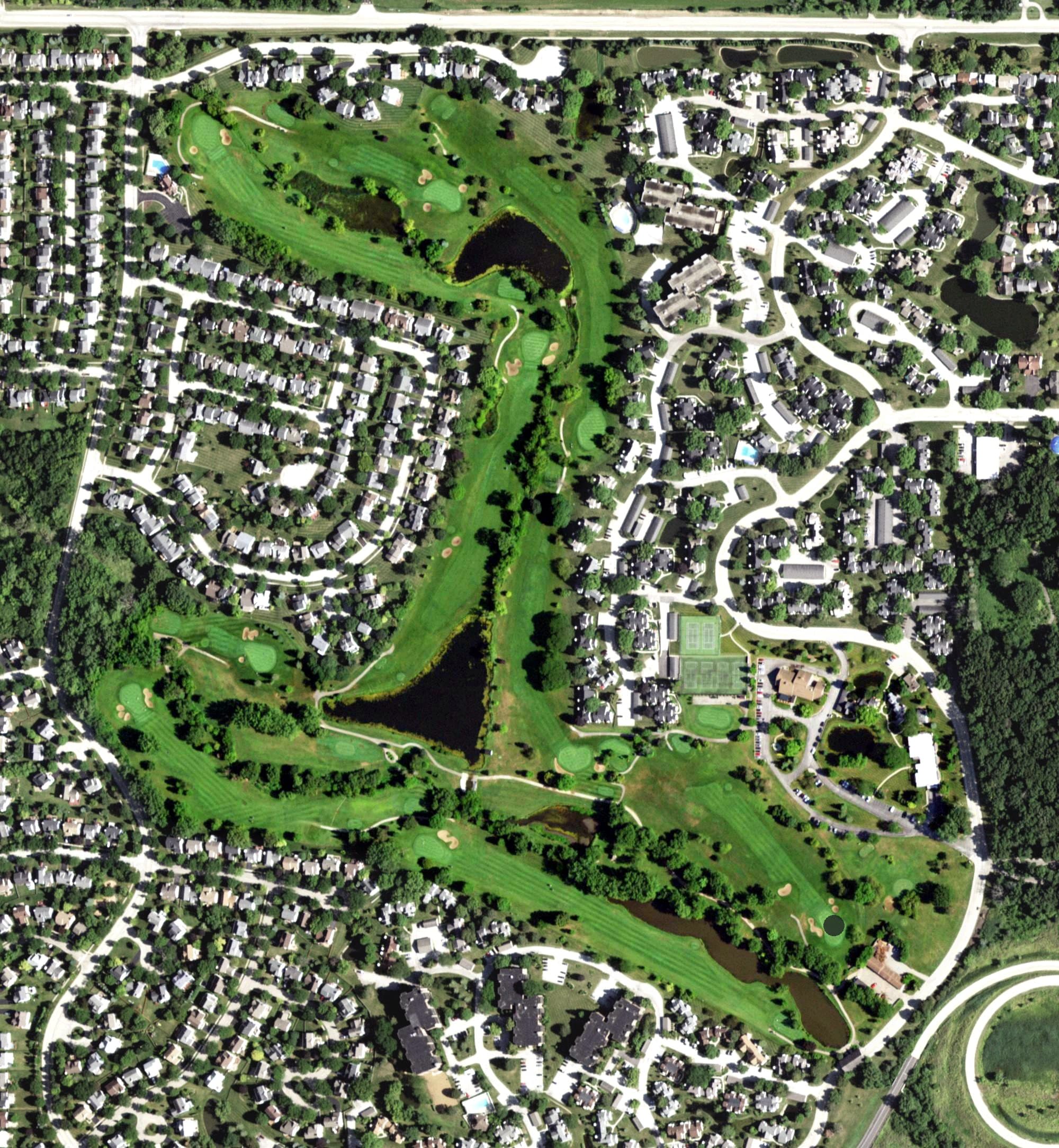 Aerial view of Heather Ridge Golf Course, IL, with its hole routing marked
