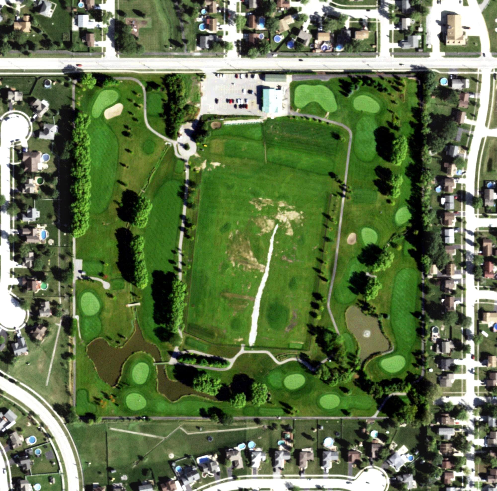 Aerial view of Hickory Creek Golf Course, IL, with its hole routing marked
