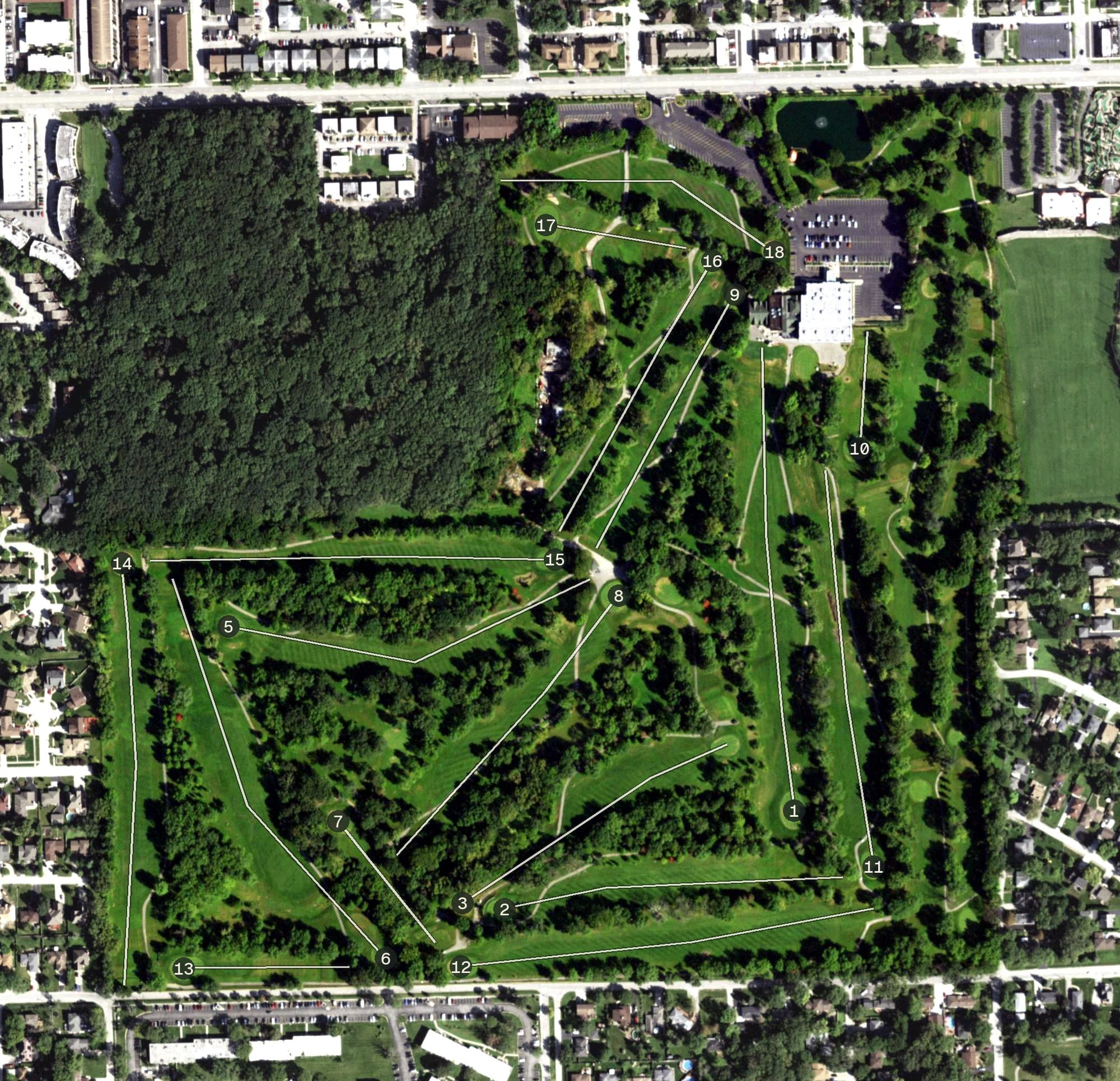 Aerial view of Hickory Hills Golf Club, IL, with its hole routing marked