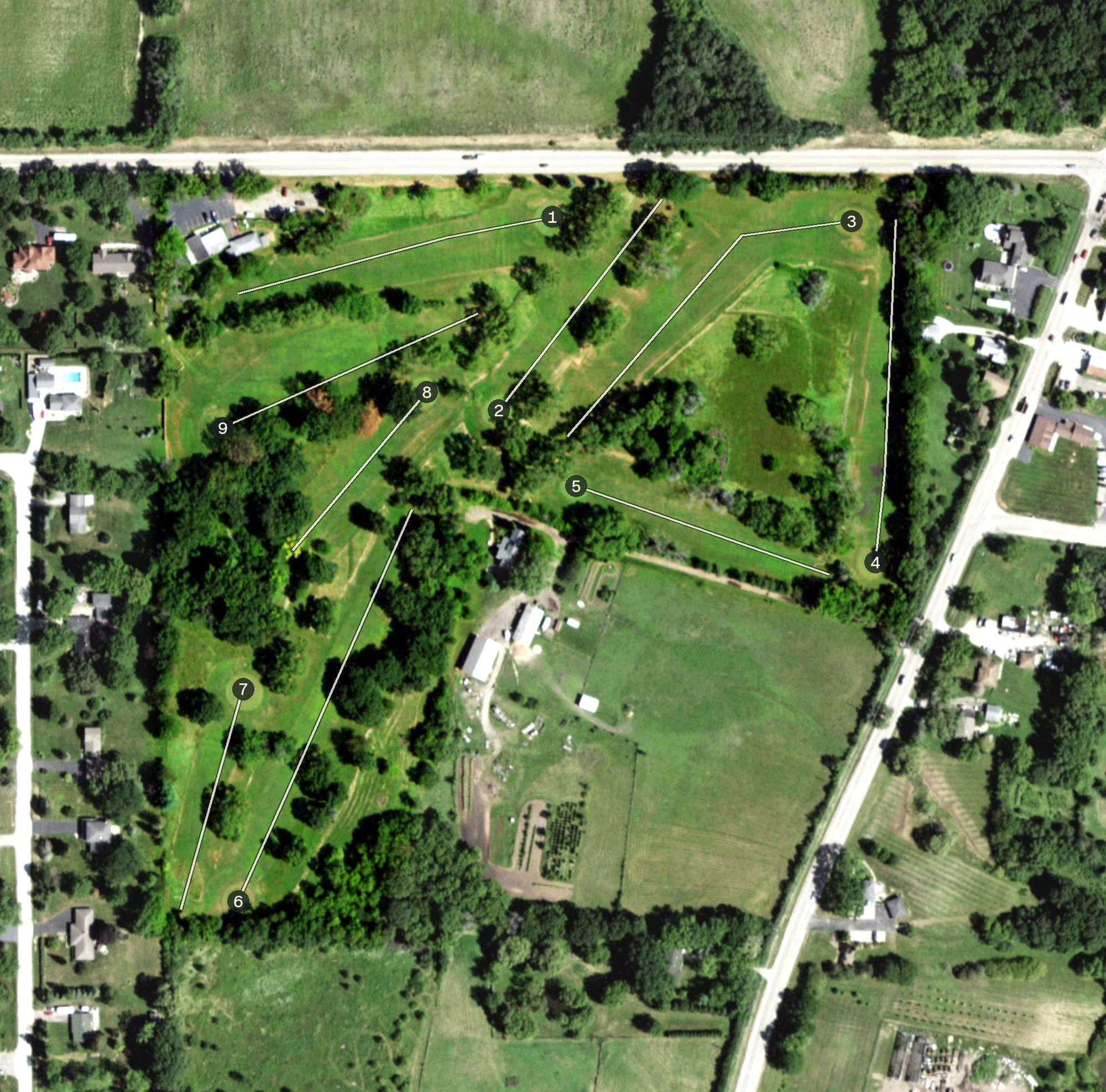 Aerial view of Hickory Knoll Golf Course, IL, with its hole routing marked