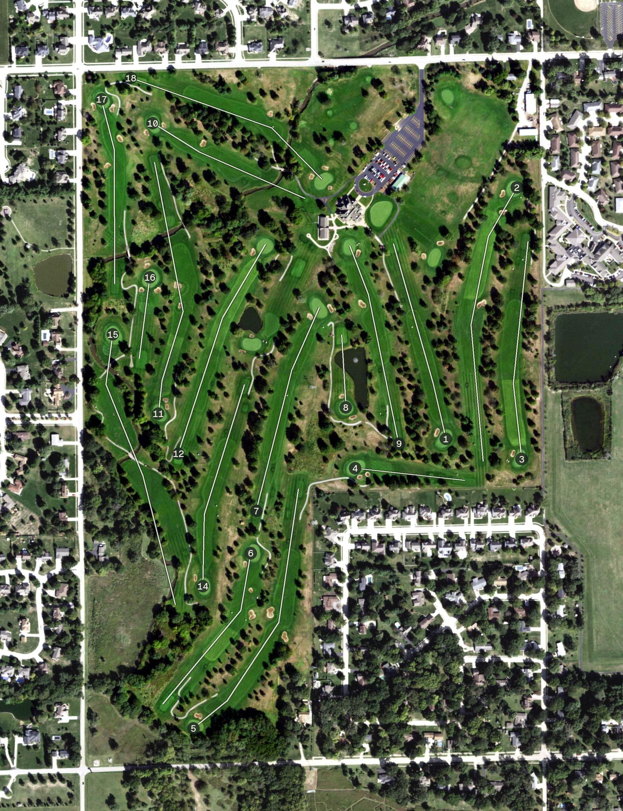 Aerial view of Hickory Point Golf Course, IL, with its hole routing marked