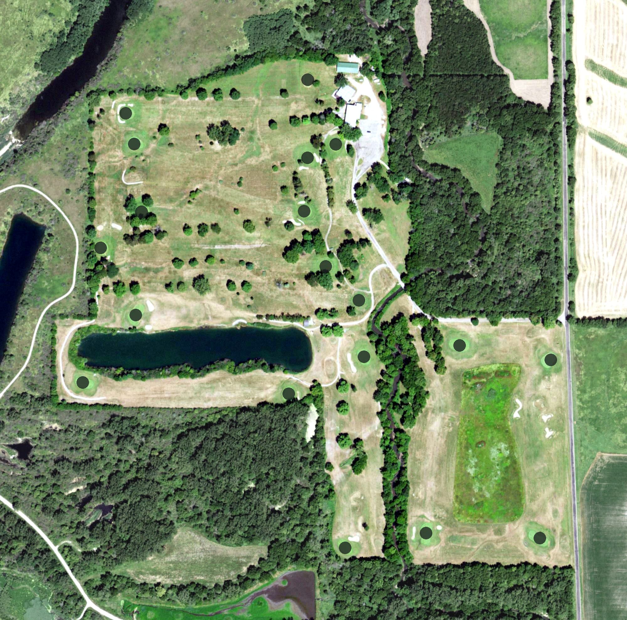 Aerial view of Hidden Lake Country Club, IL, with its hole routing marked