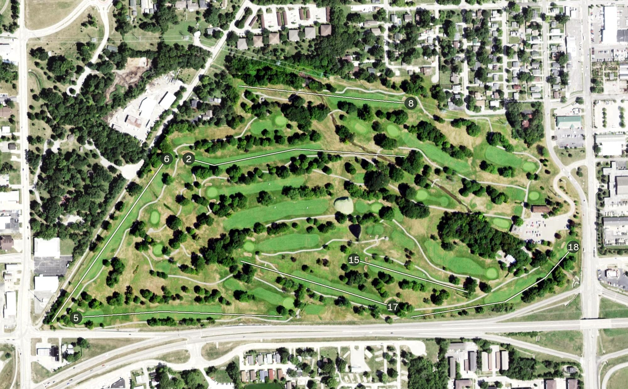 Aerial view of Highland Park Golf Course, IL, with its hole routing marked