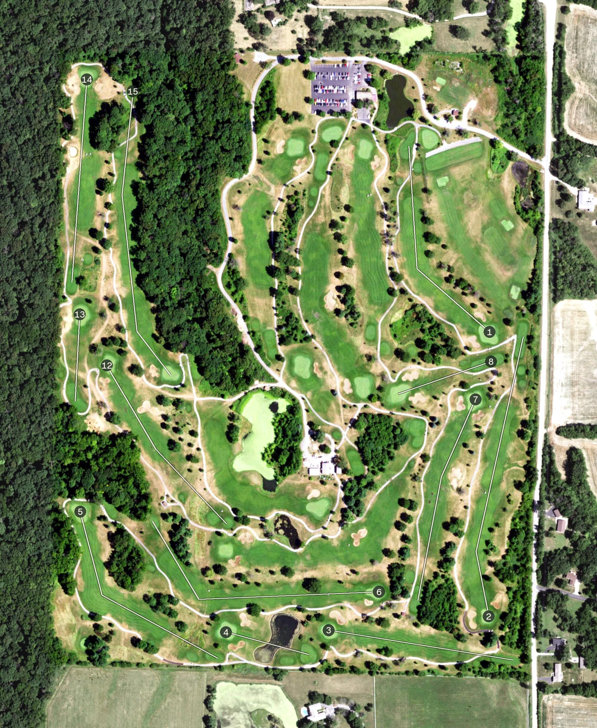 Aerial view of Highland Springs Municipal Golf Course, IL, with its hole routing marked