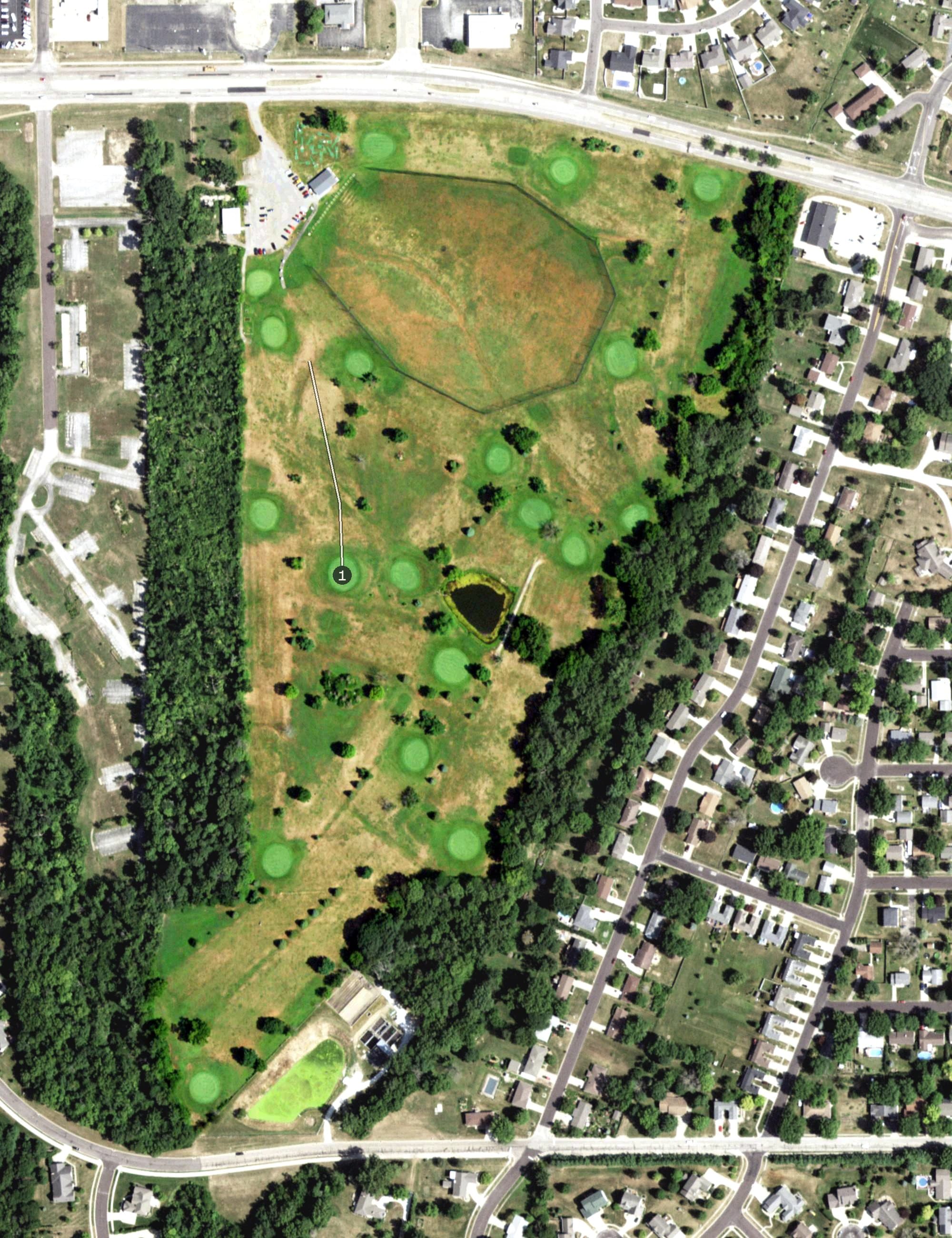 Aerial view of Hillcrest Golf Center, IL, with its hole routing marked