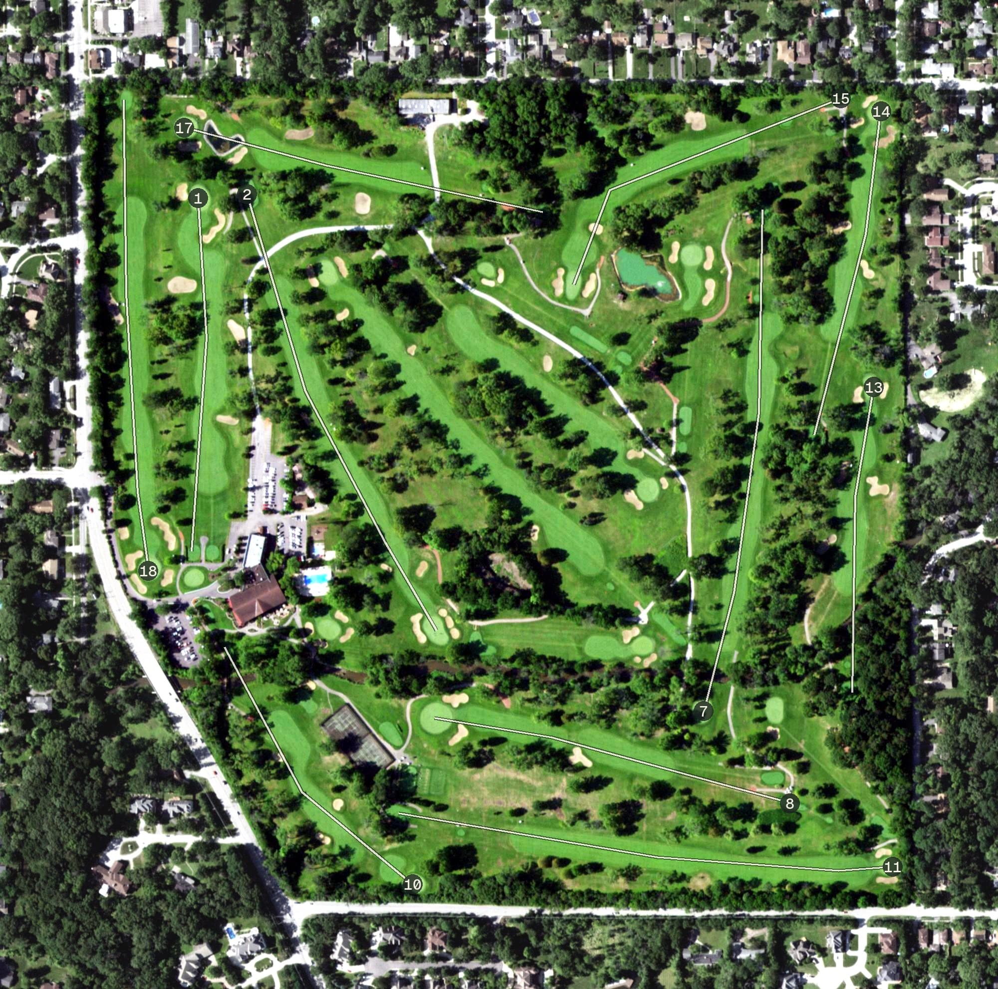 Aerial view of Idlewild Country Club, IL, with its hole routing marked