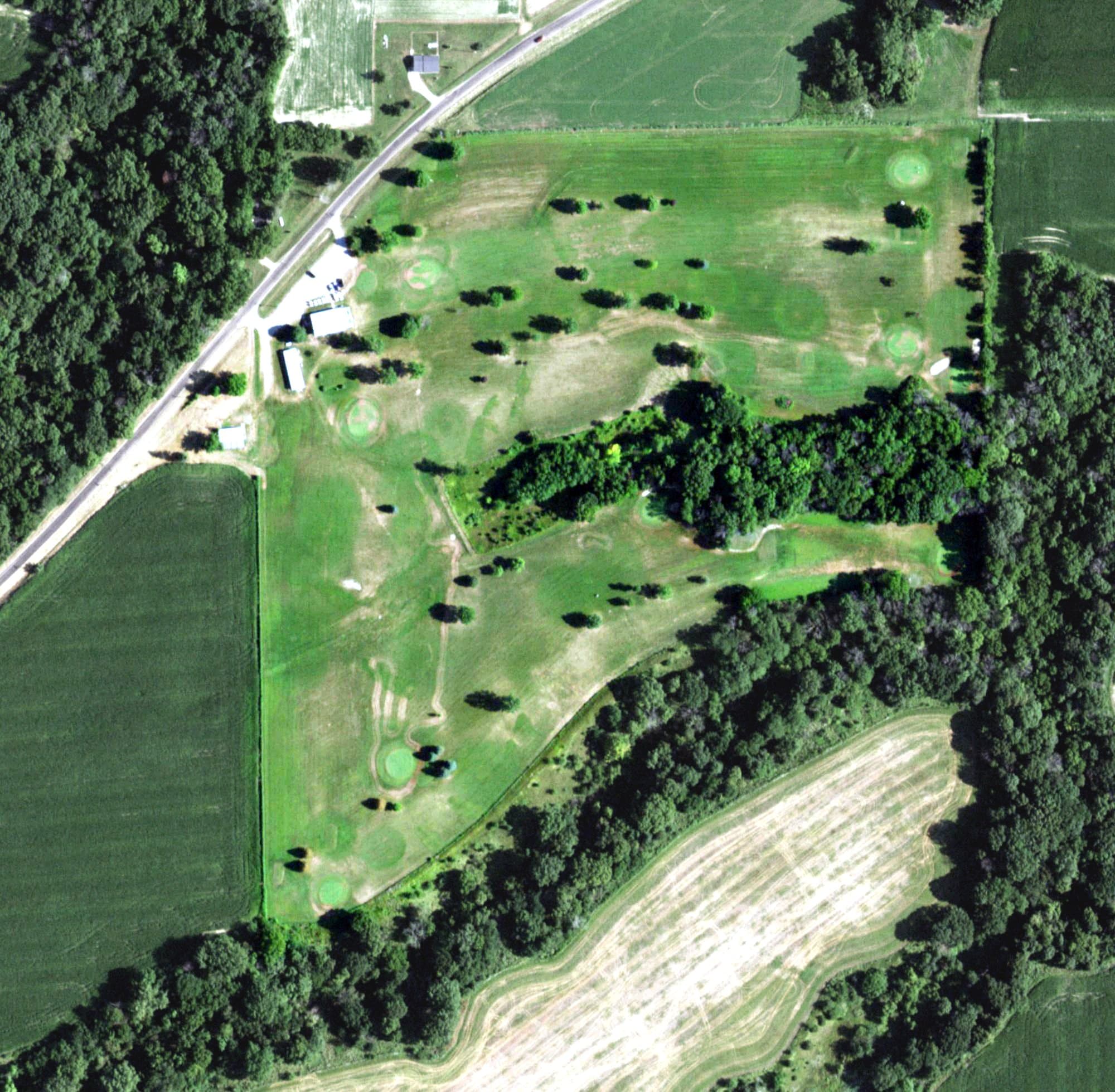 Aerial view of Indian Hills Golf Club, IL, with its hole routing marked