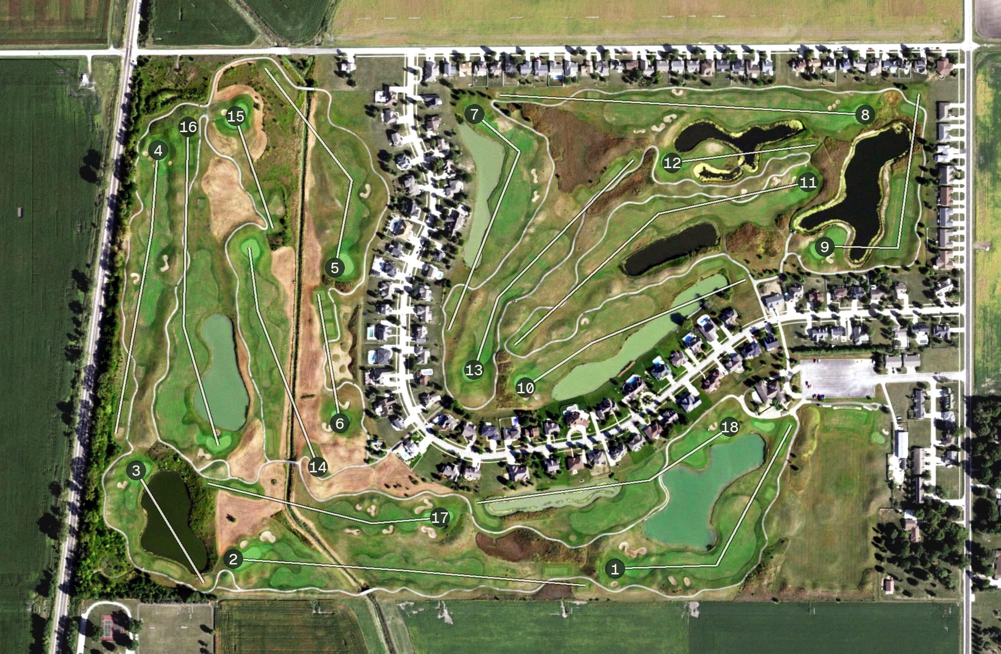 Aerial view of Ironhorse Golf Club, IL, with its hole routing marked