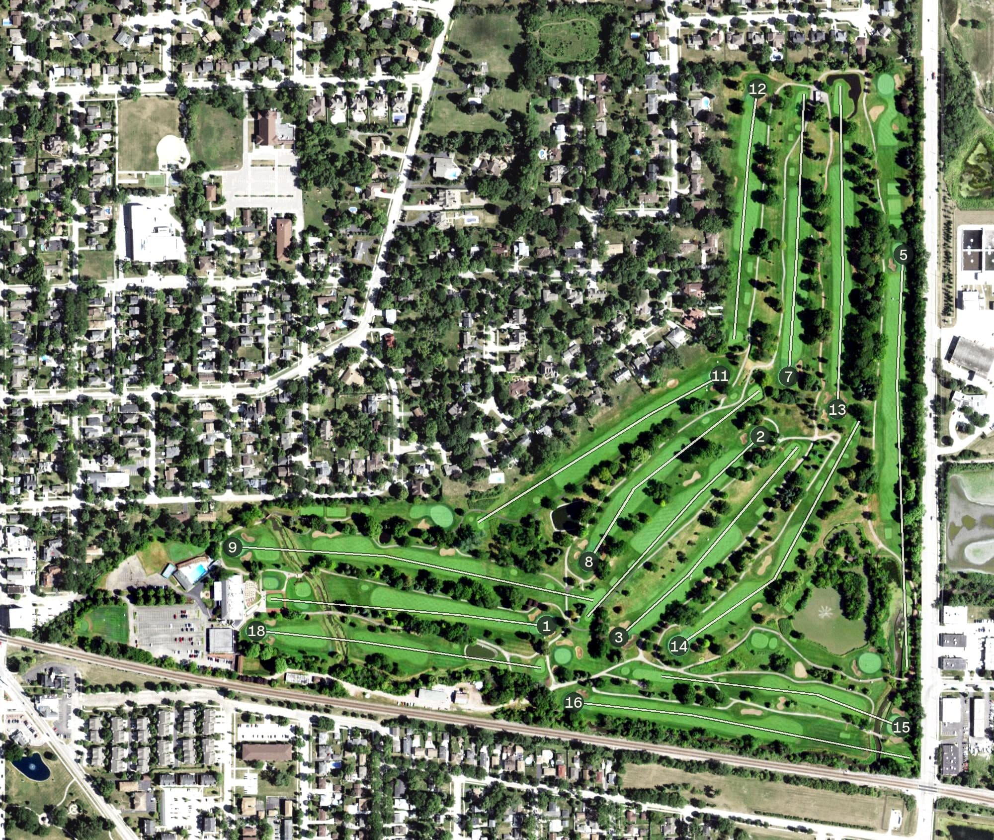 Aerial view of Itasca Country Club, IL, with its hole routing marked