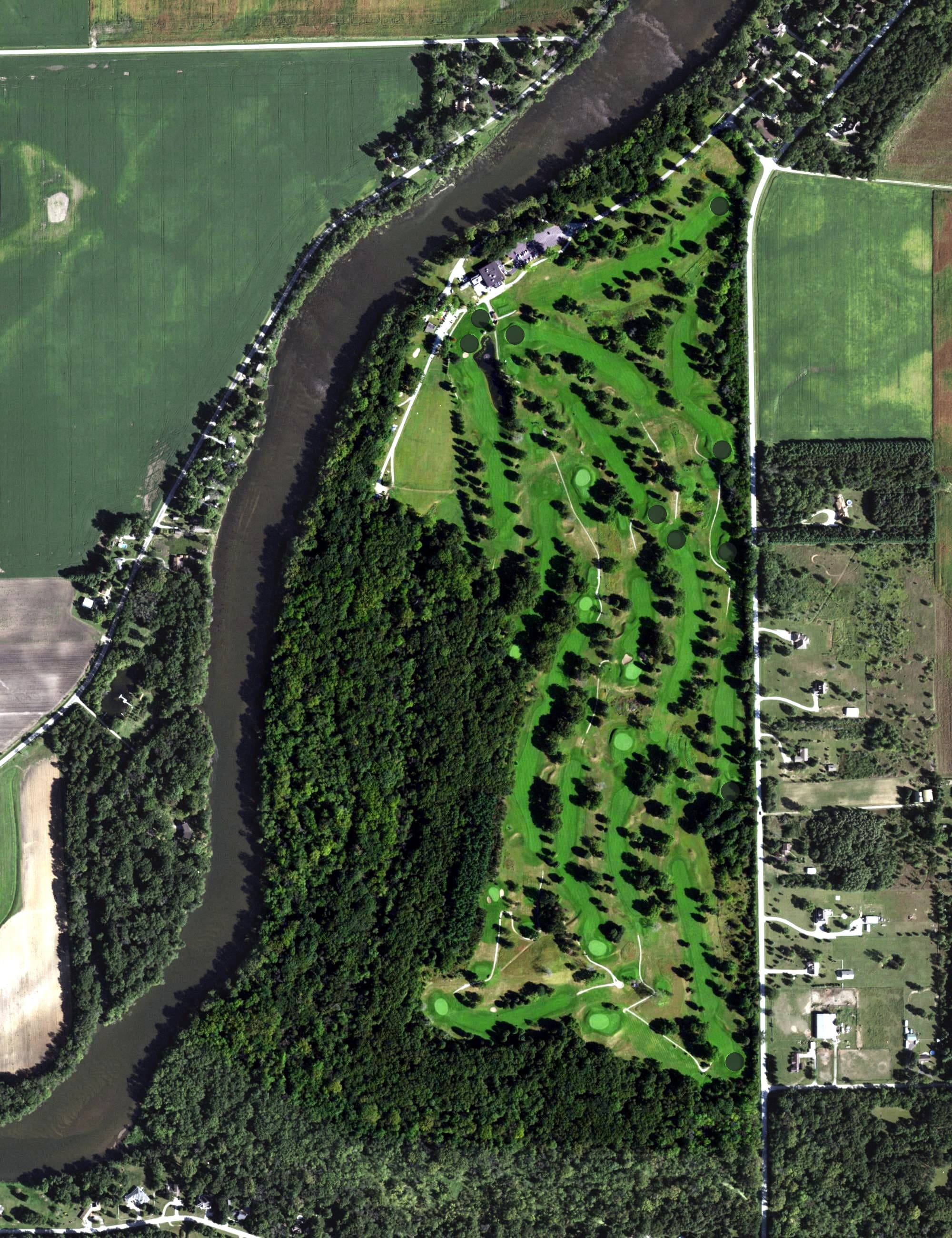 Aerial view of Kankakee Elks Country Club, IL, with its hole routing marked