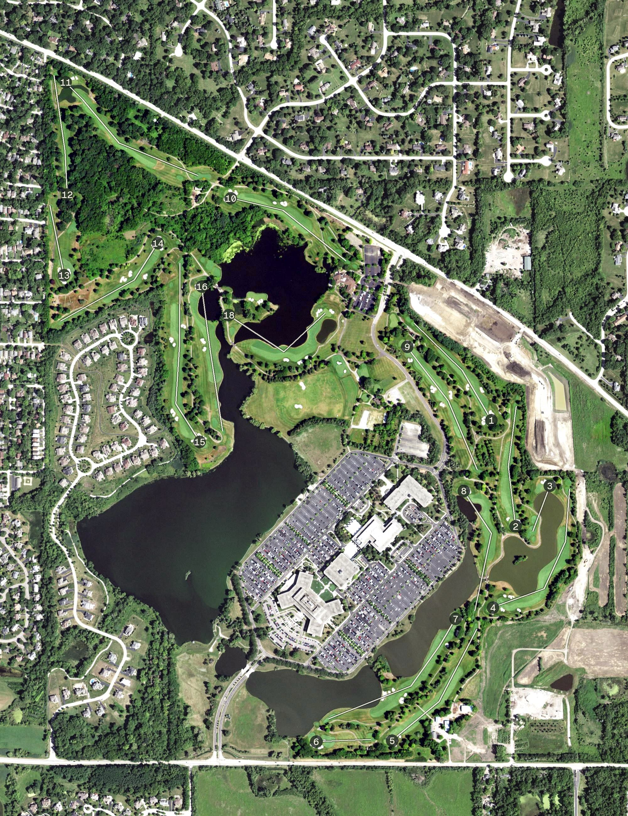 Aerial view of Kemper Lakes Golf Club, IL, with its hole routing marked