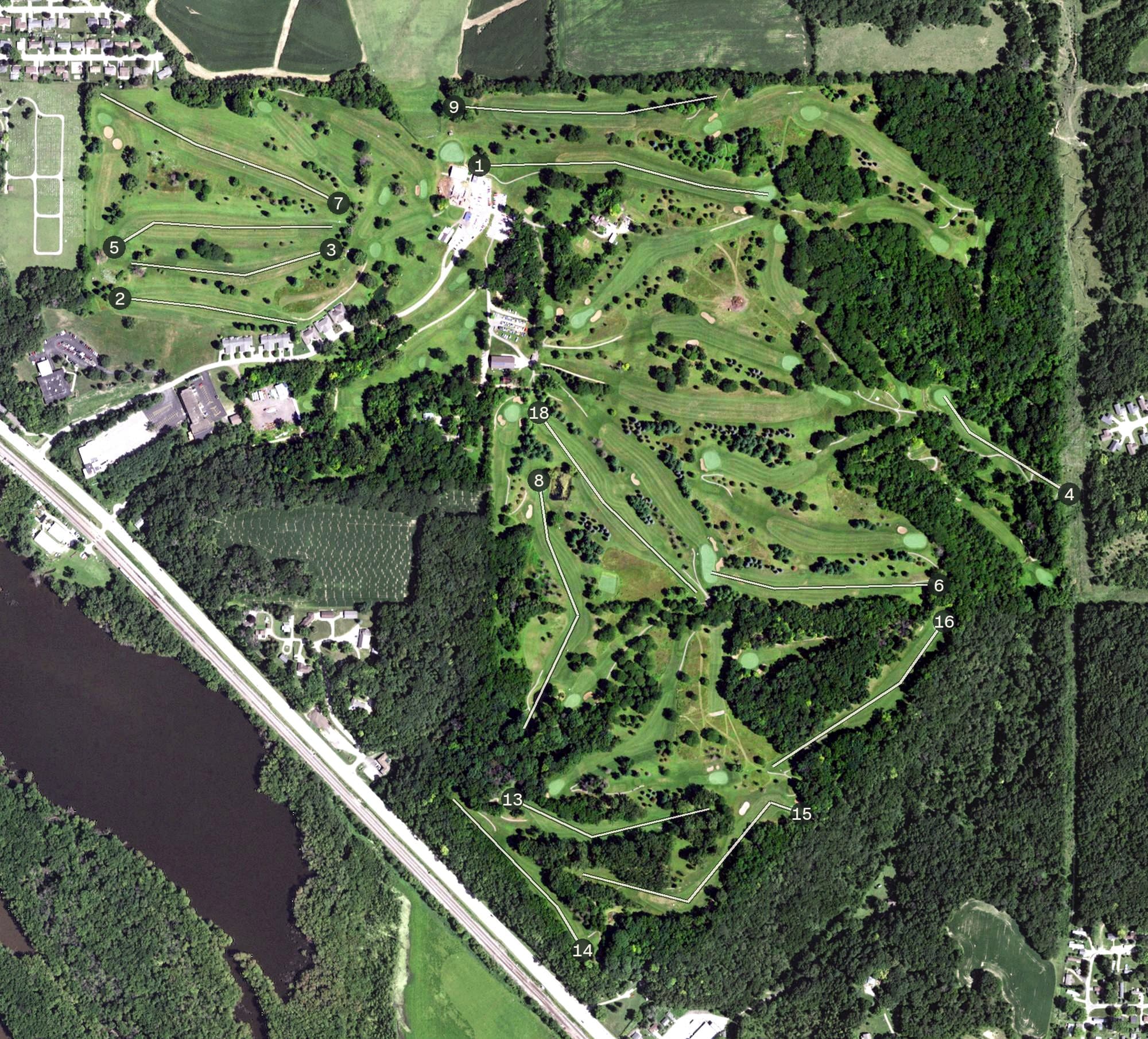 Aerial view of Lacoma Golf Course, IL, with its hole routing marked