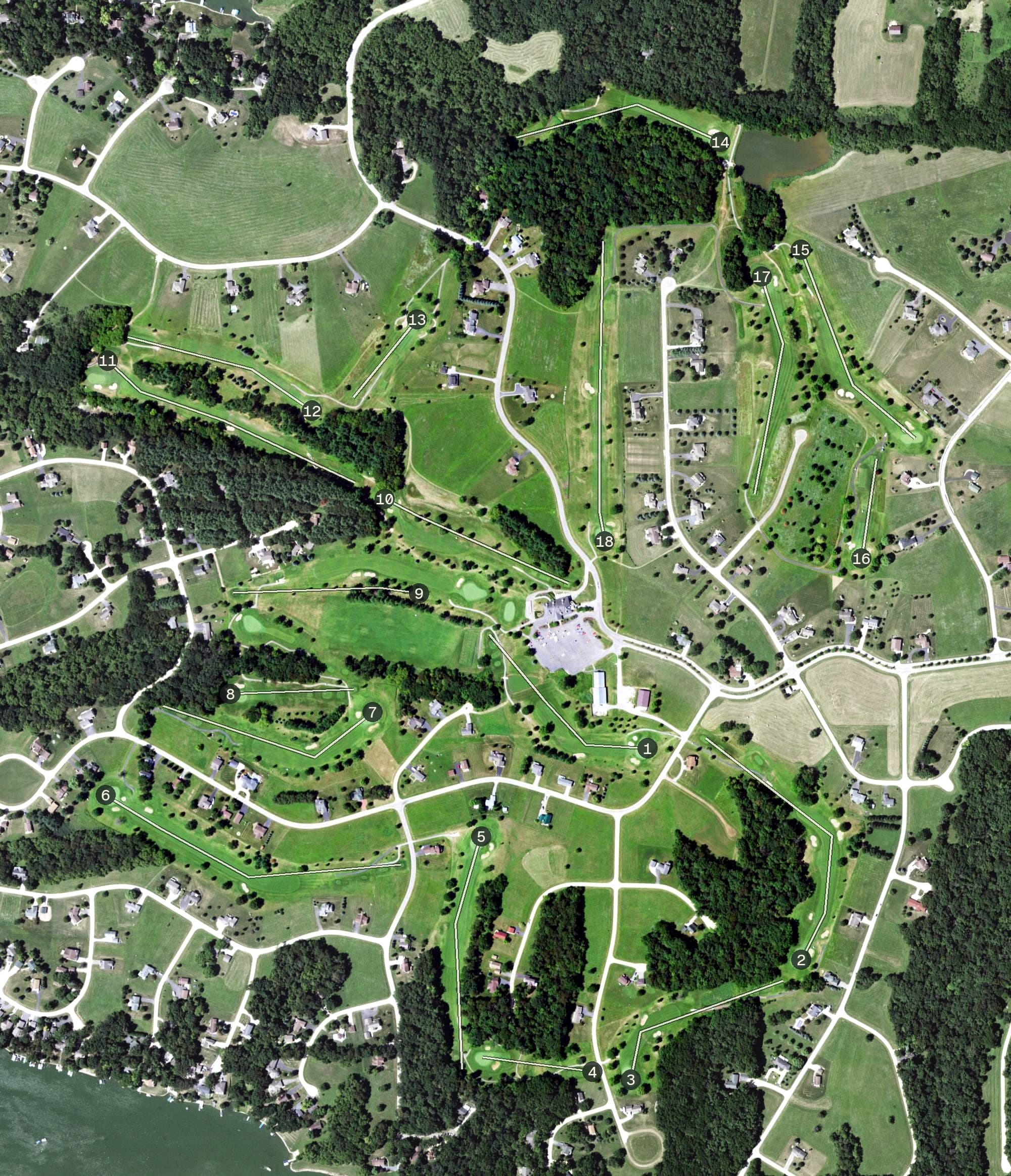Aerial view of Lake Carroll Golf Club, IL, with its hole routing marked