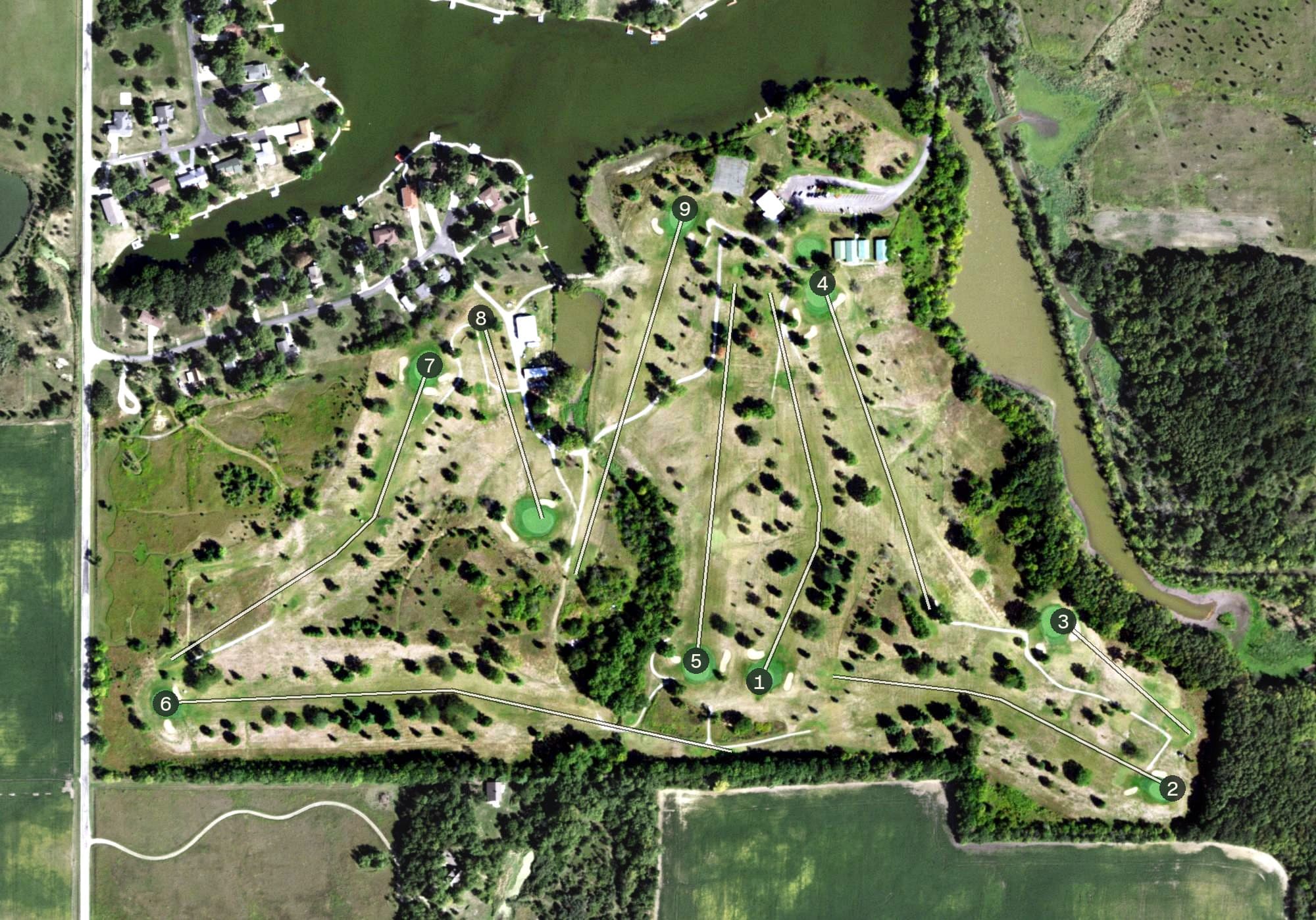 Aerial view of Lakeview Country Club, IL, with its hole routing marked