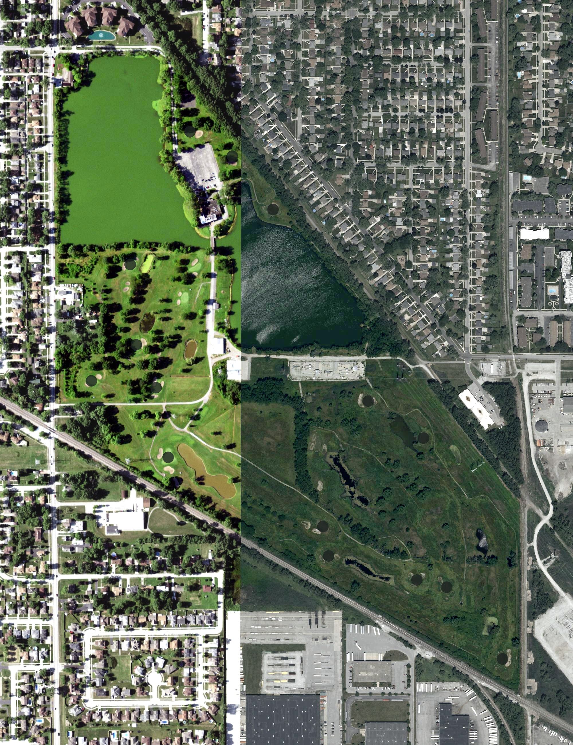 Aerial view of Lansing Country Club, IL, with its hole routing marked