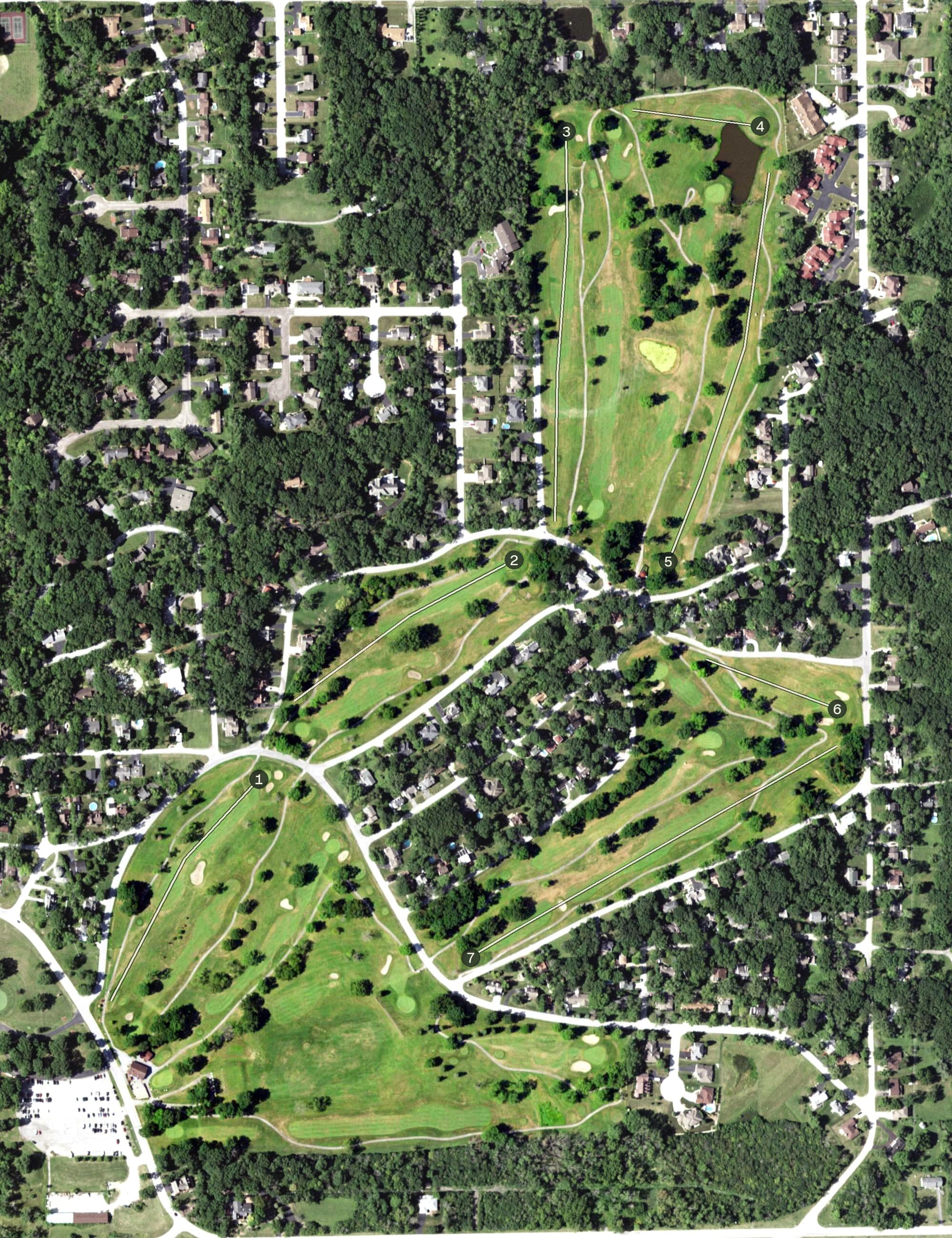 Aerial view of Lincoln Oaks Golf Course, IL, with its hole routing marked