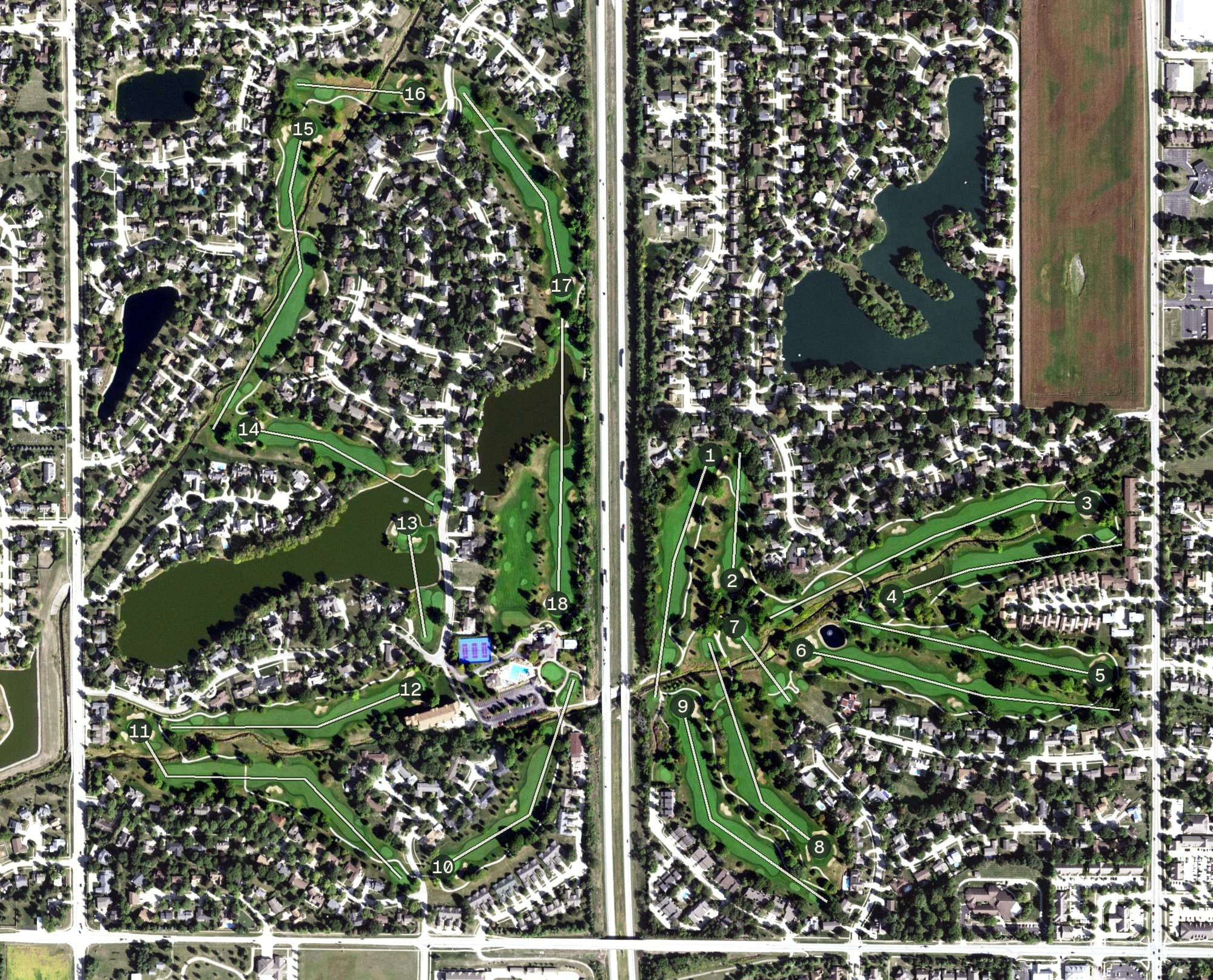 Aerial view of Lincolnshire Fields Country Club, IL, with its hole routing marked