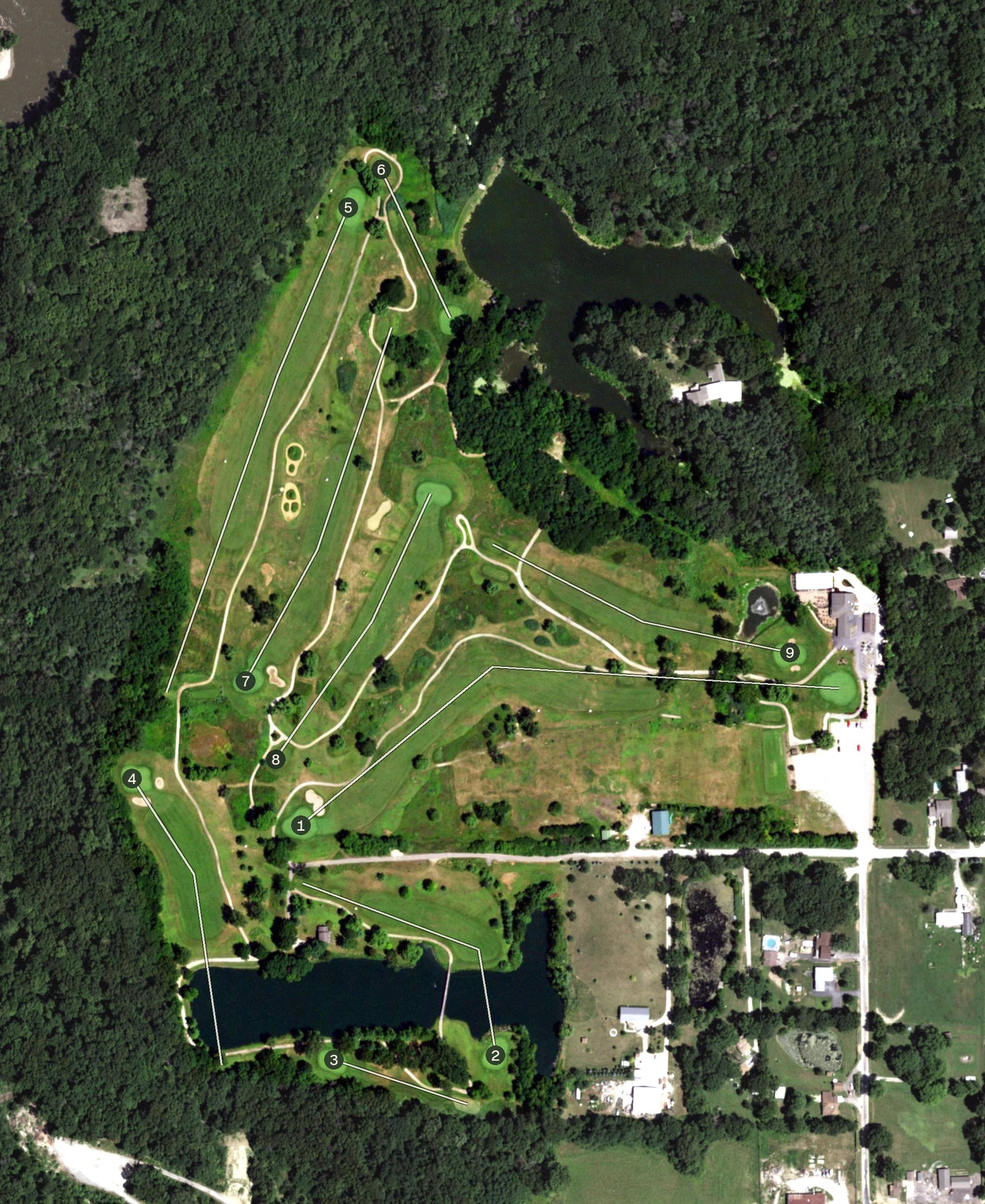 Aerial view of Long Bridge Golf Course, IL, with its hole routing marked