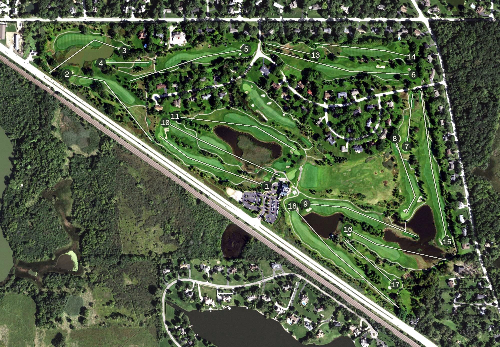 Aerial view of Makray Memorial Golf Club, IL, with its hole routing marked