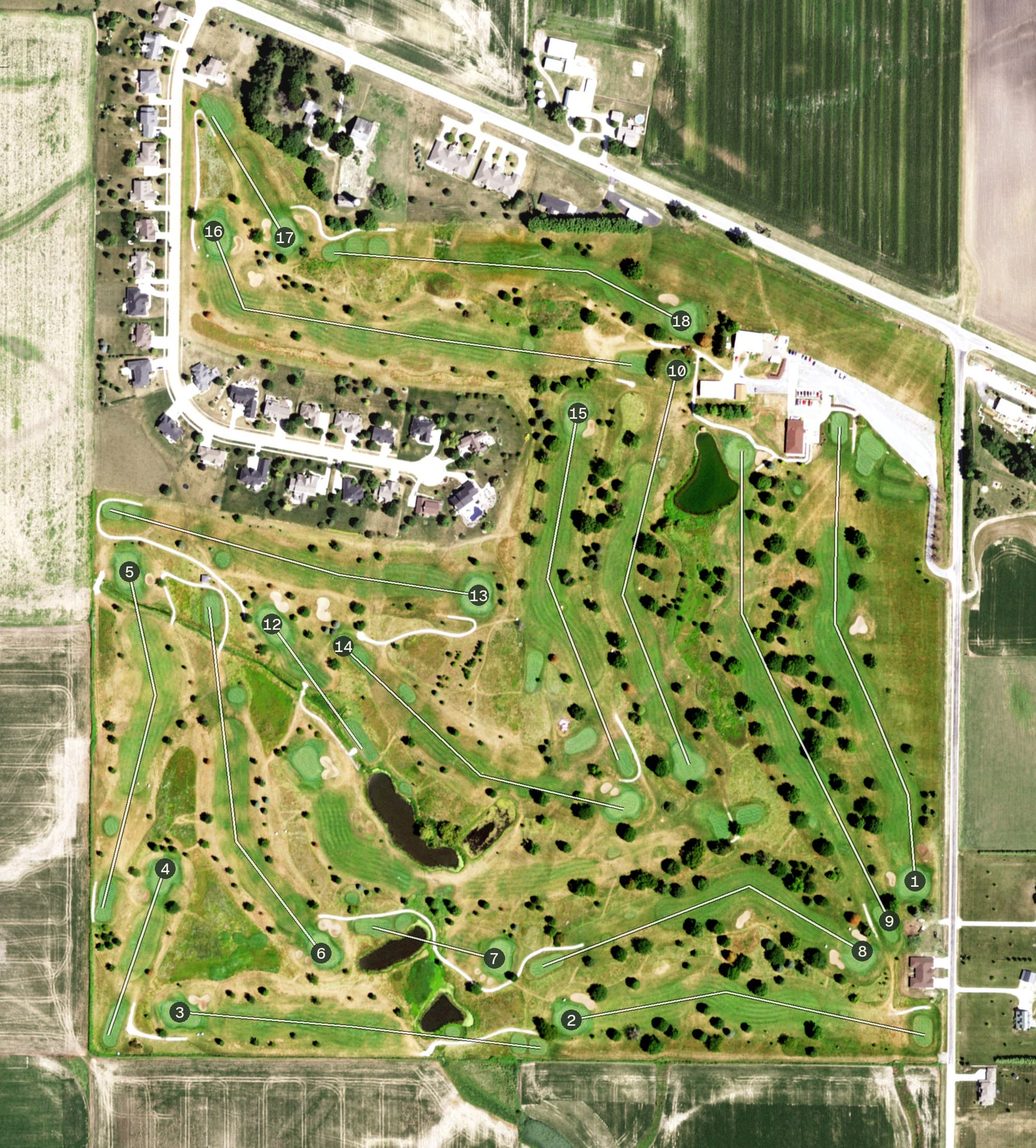 Aerial view of Maple Bluff Golf Club, IL, with its hole routing marked