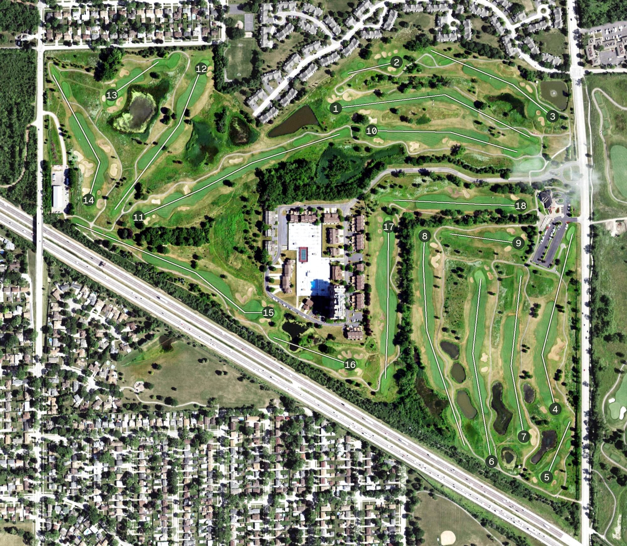 Aerial view of Maple Meadows Golf Club, IL, with its hole routing marked