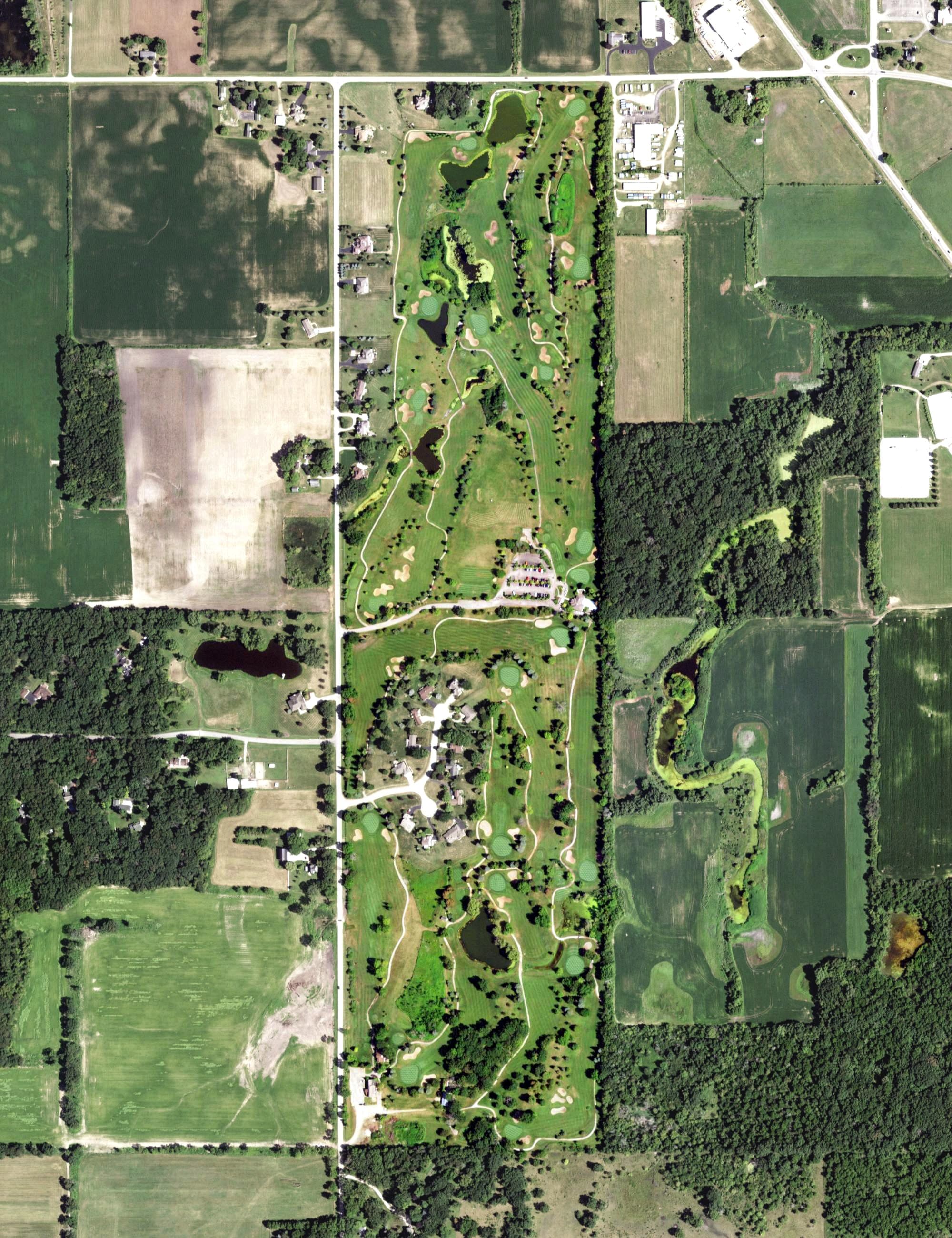 Aerial view of Marengo Ridge Golf Curse, IL, with its hole routing marked