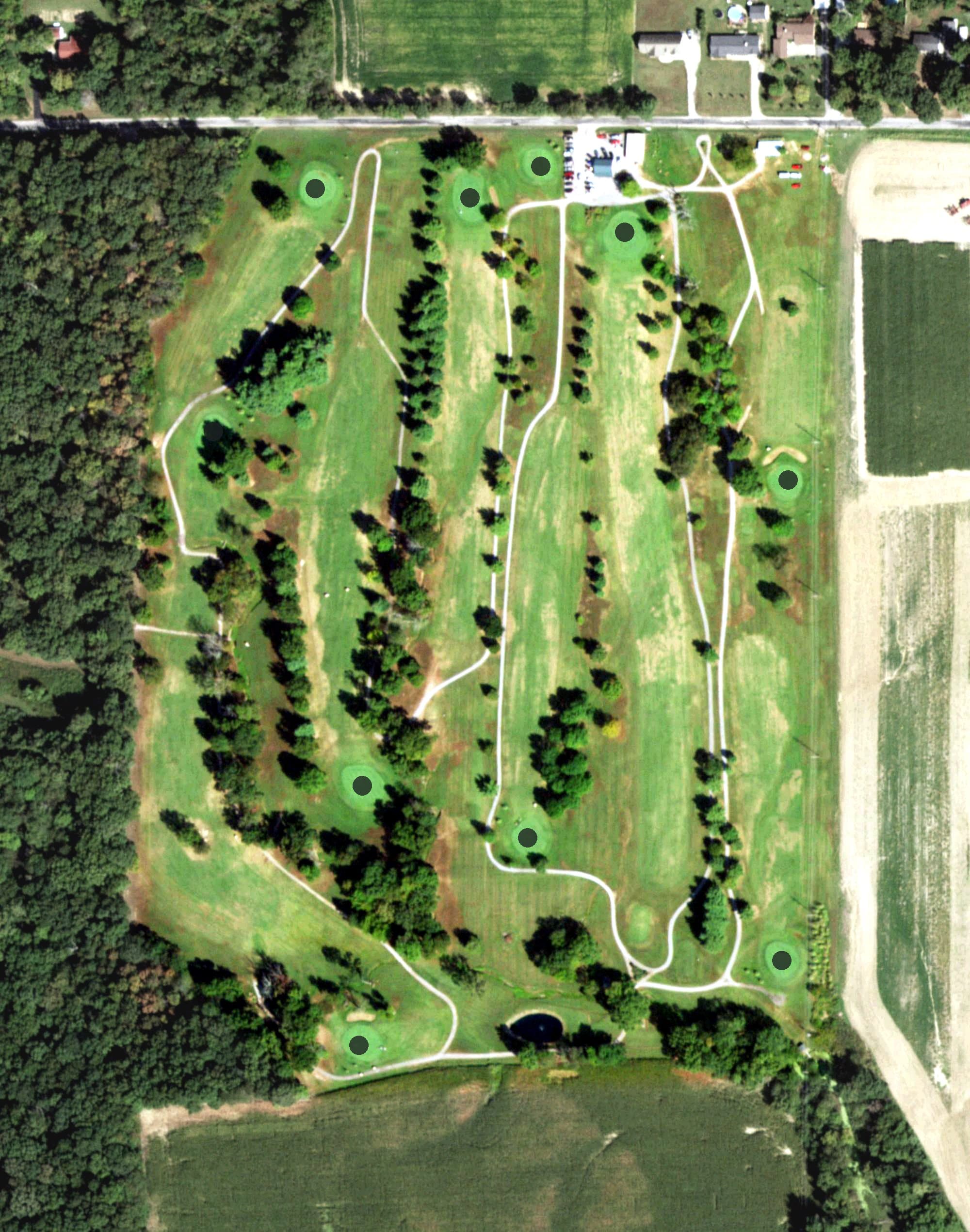 Aerial view of McLeansboro Golf Club, IL, with its hole routing marked